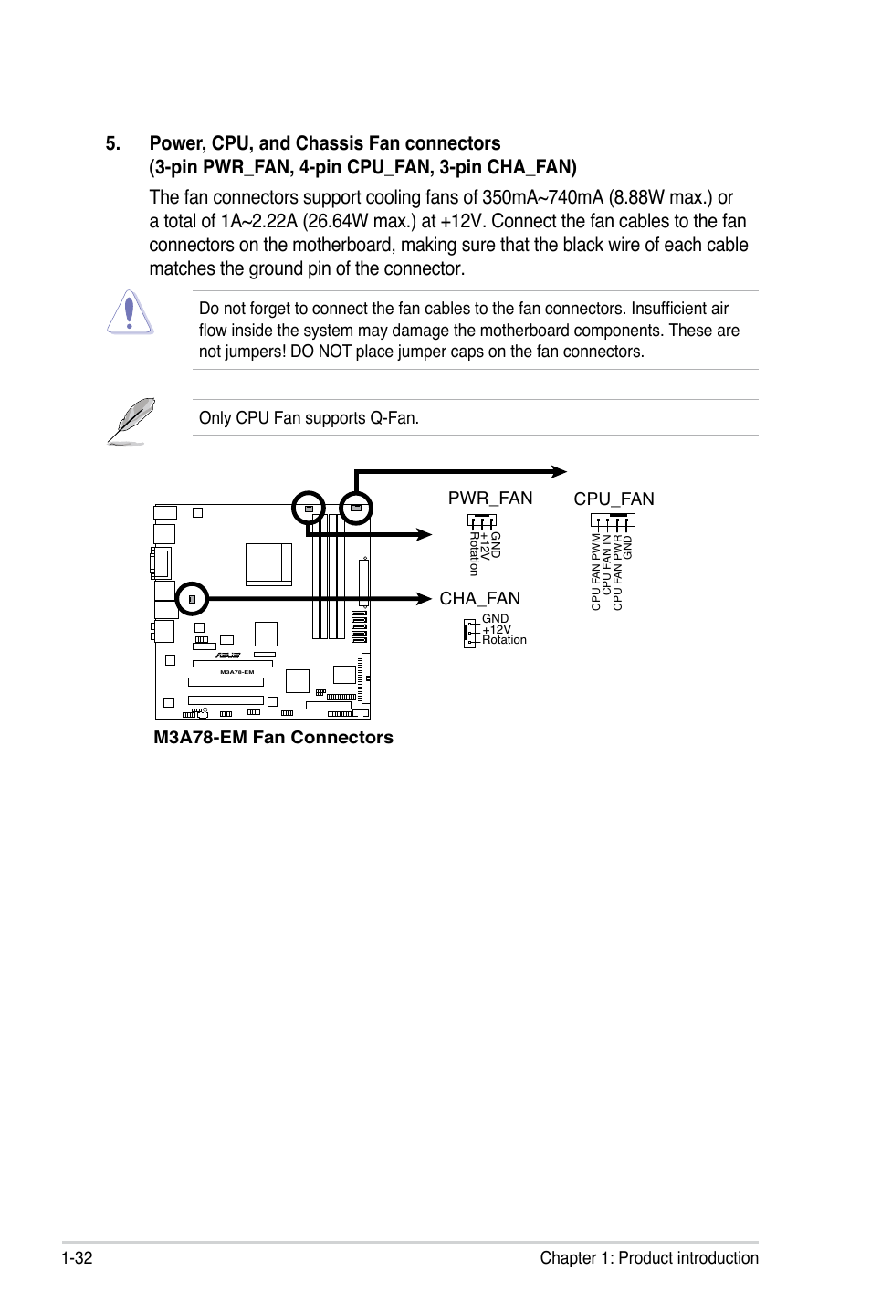 32 chapter 1: product introduction, Cpu_fan, Cha_fan | Pwr_fan | Asus M3A78-EM User Manual | Page 44 / 108