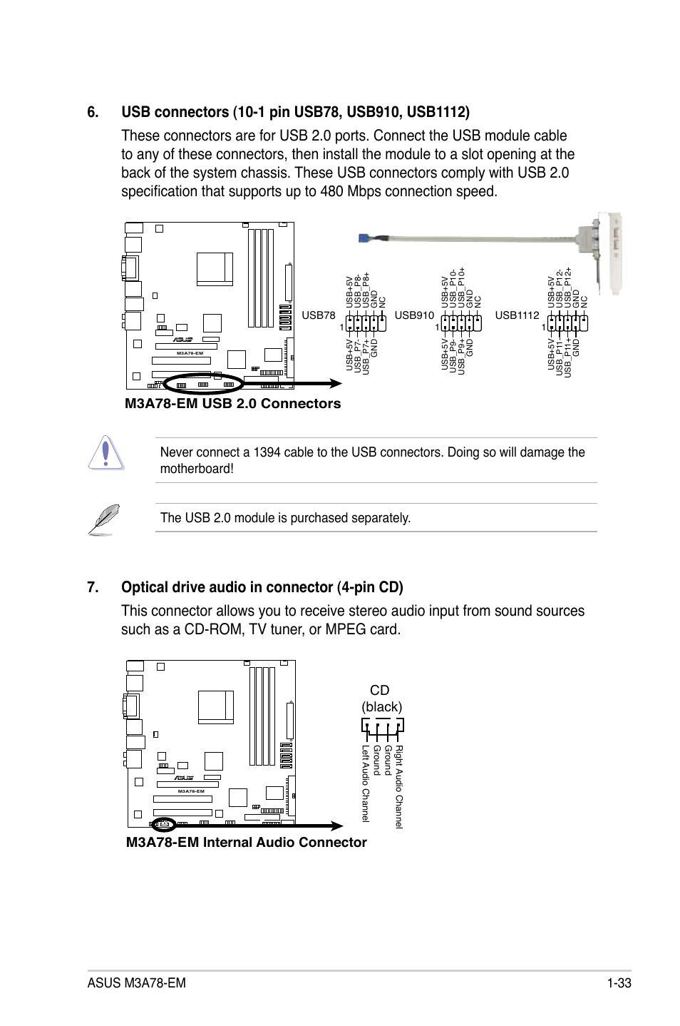 The usb 2.0 module is purchased separately, M3a78-em internal audio connector, Cd (black) | Asus M3A78-EM User Manual | Page 45 / 108