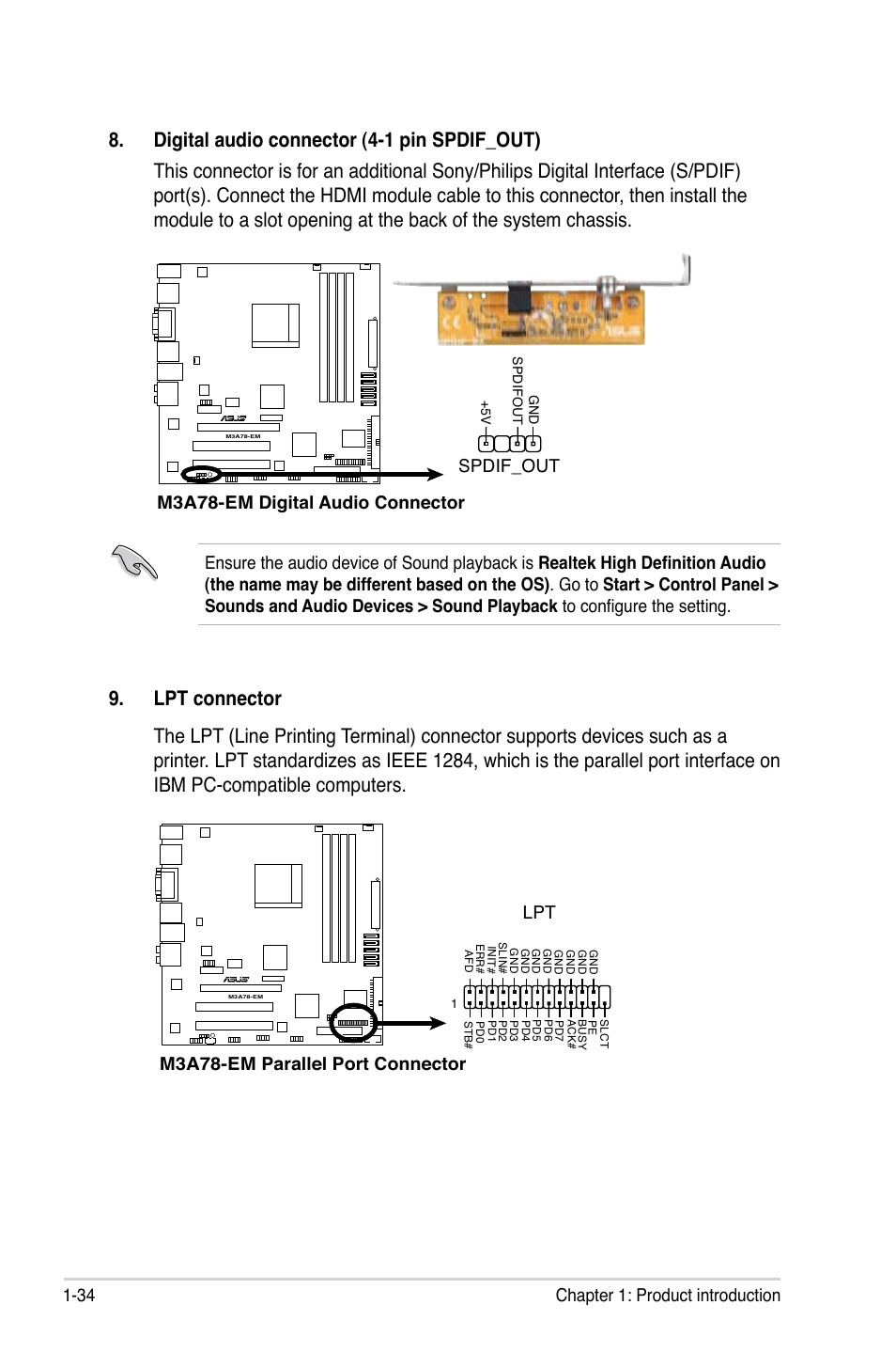 34 chapter 1: product introduction, Spdif_out, M3a78-em parallel port connector | Asus M3A78-EM User Manual | Page 46 / 108