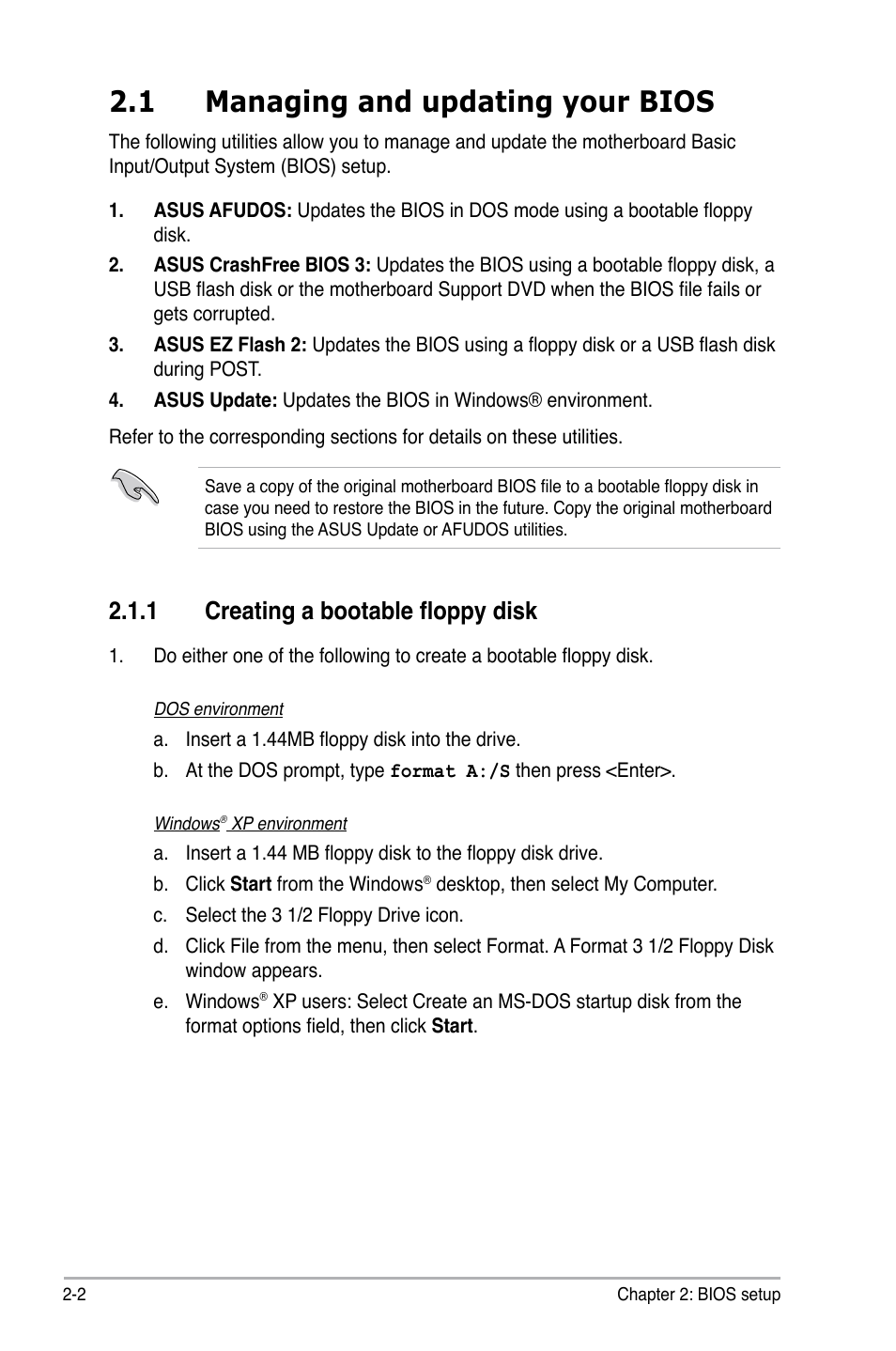 1 managing and updating your bios, 1 creating a bootable floppy disk, Managing.and.updating.your.bios -2 2.1.1 | Creating a bootable floppy disk -2 | Asus M3A78-EM User Manual | Page 54 / 108