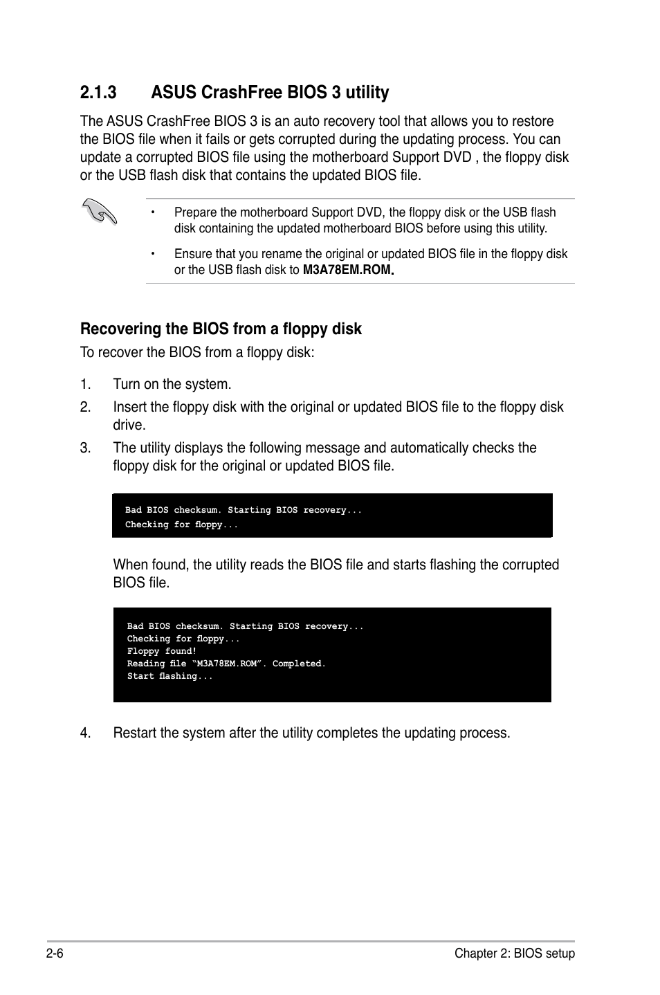 3 asus crashfree bios 3 utility, Asus crashfree bios 3 utility -6, Asus.crashfree.bios.3.utility | Recovering the bios from a floppy disk | Asus M3A78-EM User Manual | Page 58 / 108