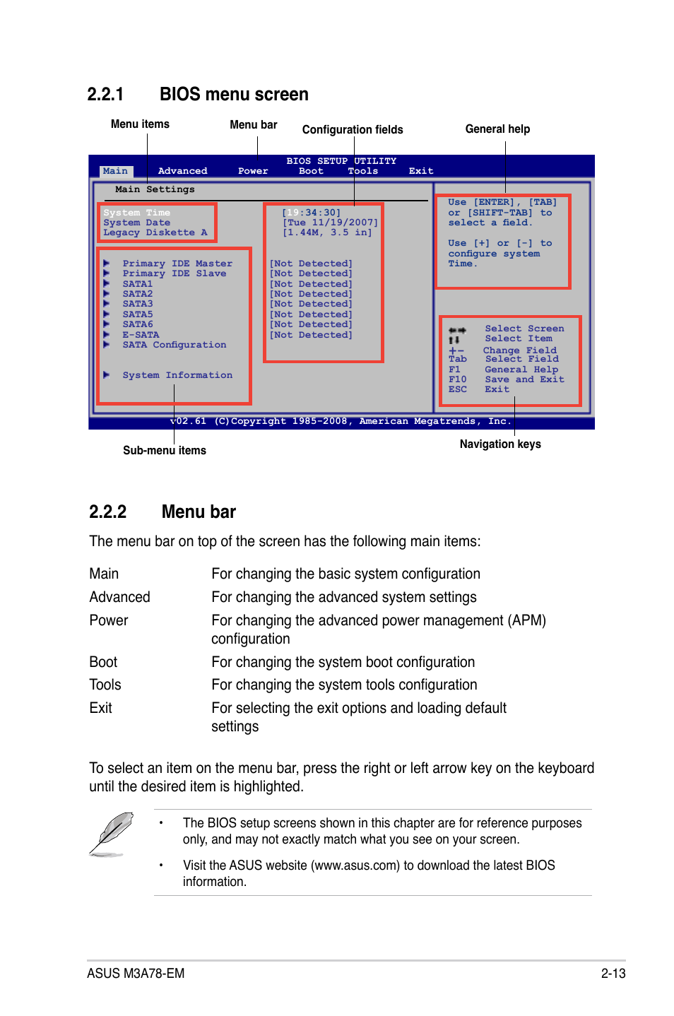 1 bios menu screen, 2 menu bar, Bios menu screen -13 | Menu bar -13, Bios.menu.screen 2.2.2. menu.bar | Asus M3A78-EM User Manual | Page 65 / 108