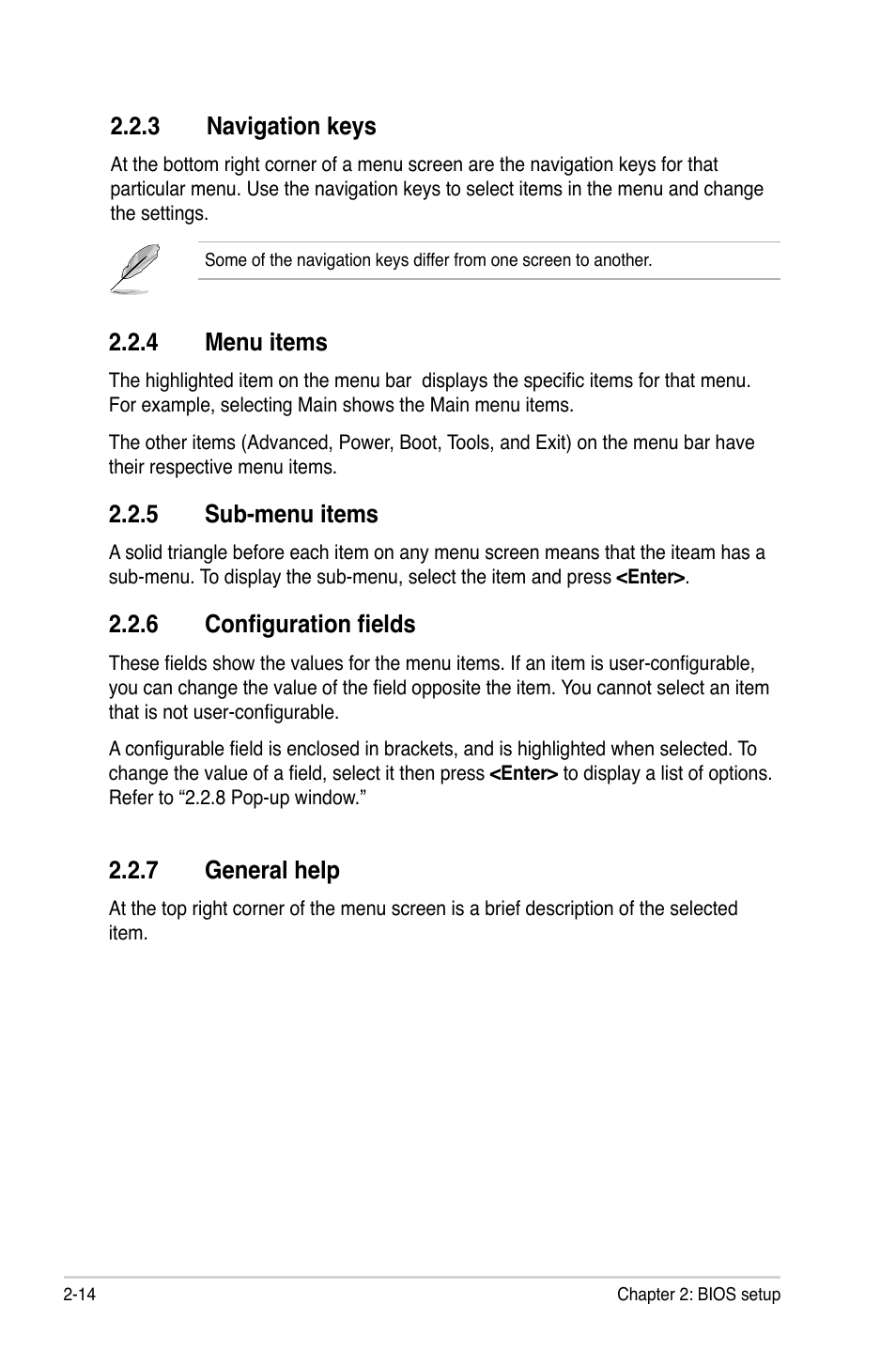 3 navigation keys, 4 menu items, 5 sub-menu items | 6 configuration fields, 7 general help, Navigation keys -14, Menu items -14, Sub-menu items -14, Configuration fields -14, General help -14 | Asus M3A78-EM User Manual | Page 66 / 108