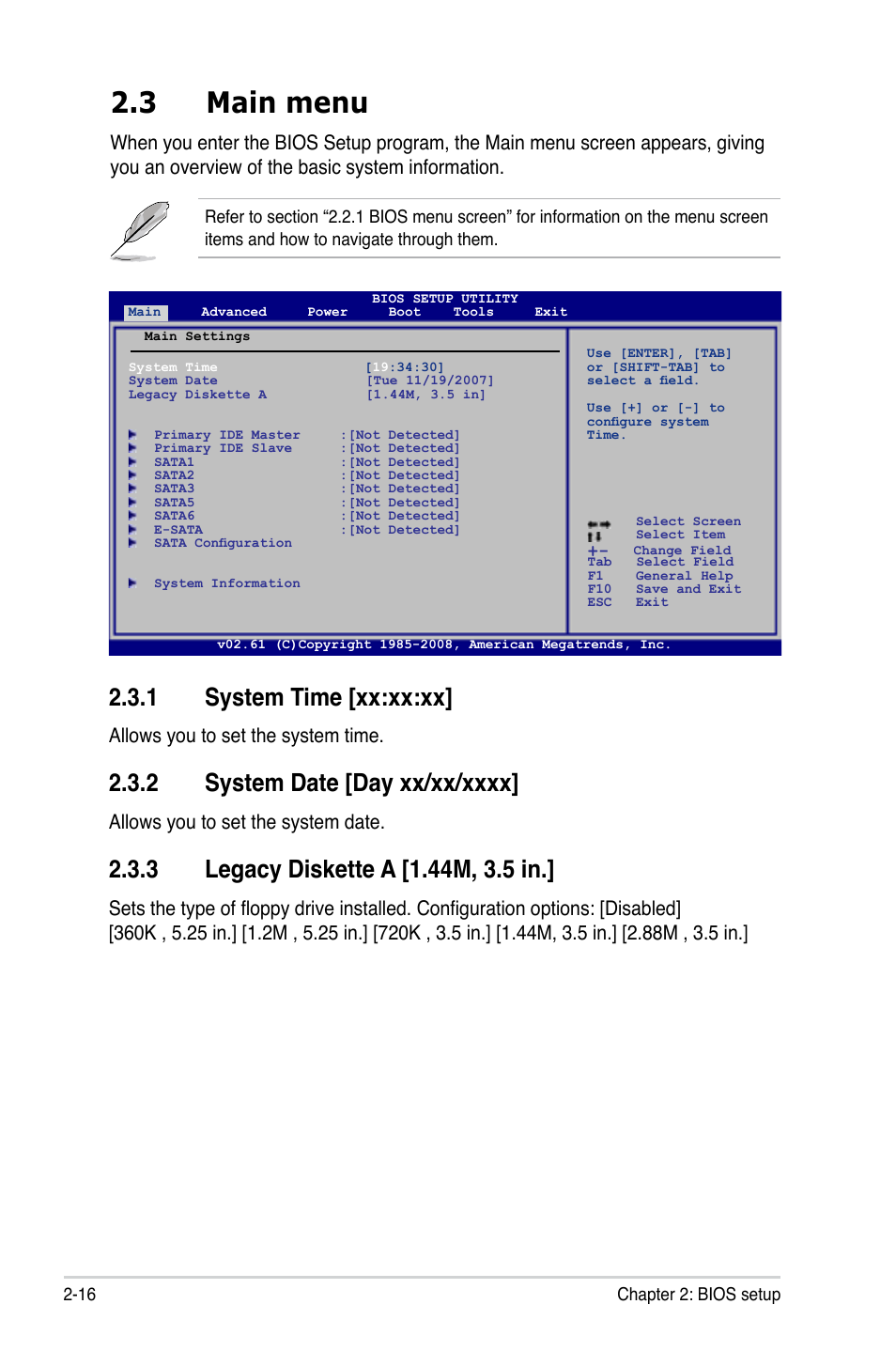 3 main menu, 1 system time, 2 system date | 3 legacy diskette a, Main.menu -16 2.3.1, System time -16, System date -16, Legacy diskette a -16, System.time.[xx:xx:xx, Allows you to set the system time | Asus M3A78-EM User Manual | Page 68 / 108