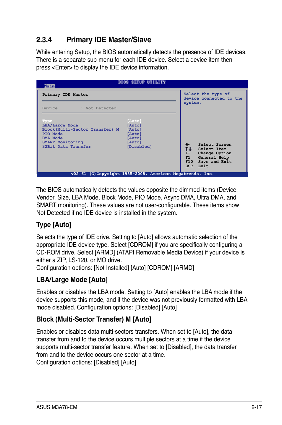 4 primary ide master/slave, Primary ide master/slave -17, Primary.ide.master/slave | Type.[auto, Lba/large.mode.[auto, Block.(multi-sector.transfer).m.[auto | Asus M3A78-EM User Manual | Page 69 / 108