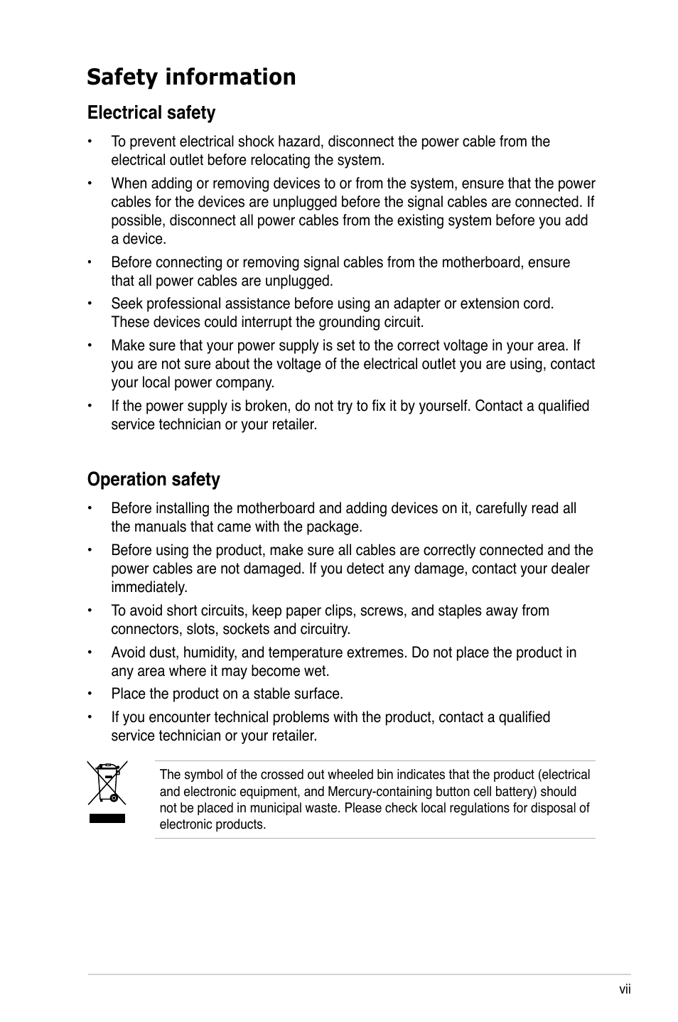 Safety information, Electrical.safety, Operation.safety | Asus M3A78-EM User Manual | Page 7 / 108