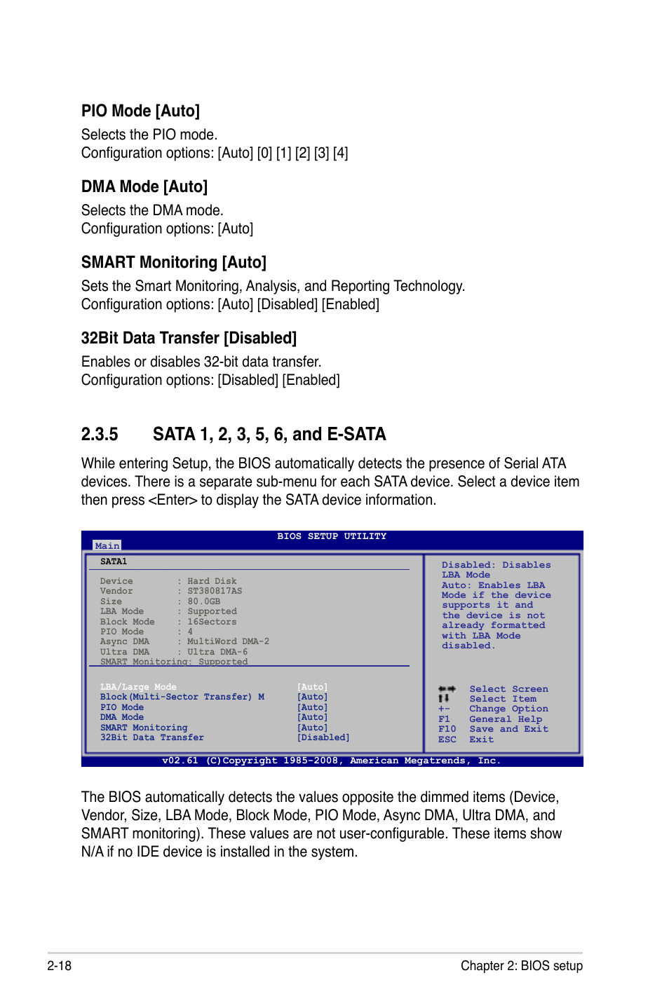 5 sata 1, 2, 3, 5, 6, and e-sata, Sata 1, 2, 3, 5, 6, and e-sata -18, Pio.mode.[auto | Dma.mode.[auto, Smart.monitoring.[auto, 32bit.data.transfer.[disabled, Selects the dma mode. configuration options: [auto | Asus M3A78-EM User Manual | Page 70 / 108