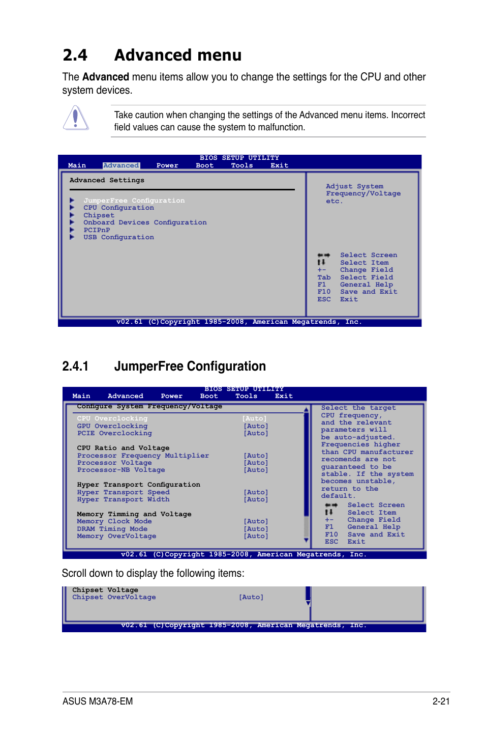 4 advanced menu, 1 jumperfree configuration, Advanced.menu -21 2.4.1 | Jumperfree configuration -21, Scroll down to display the following items | Asus M3A78-EM User Manual | Page 73 / 108