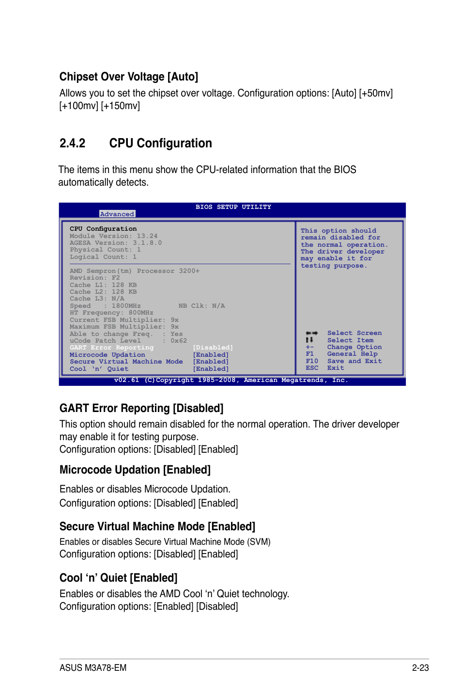 2 cpu configuration, Cpu configuration -23, Gart.error.reporting.[disabled | Microcode.updation.[enabled, Secure.virtual.machine.mode.[enabled, Cool ‘n’ quiet [enabled, Chipset.over.voltage.[auto, Configuration options: [disabled] [enabled | Asus M3A78-EM User Manual | Page 75 / 108