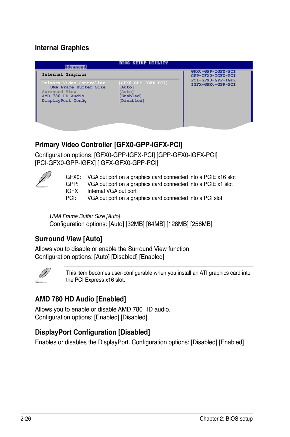 Amd.780.hd.audio.[enabled, Displayport configuration [disabled, Internal.graphics | Primary.video.controller.[gfx0-gpp-igfx-pci, Surround.view.[auto | Asus M3A78-EM User Manual | Page 78 / 108