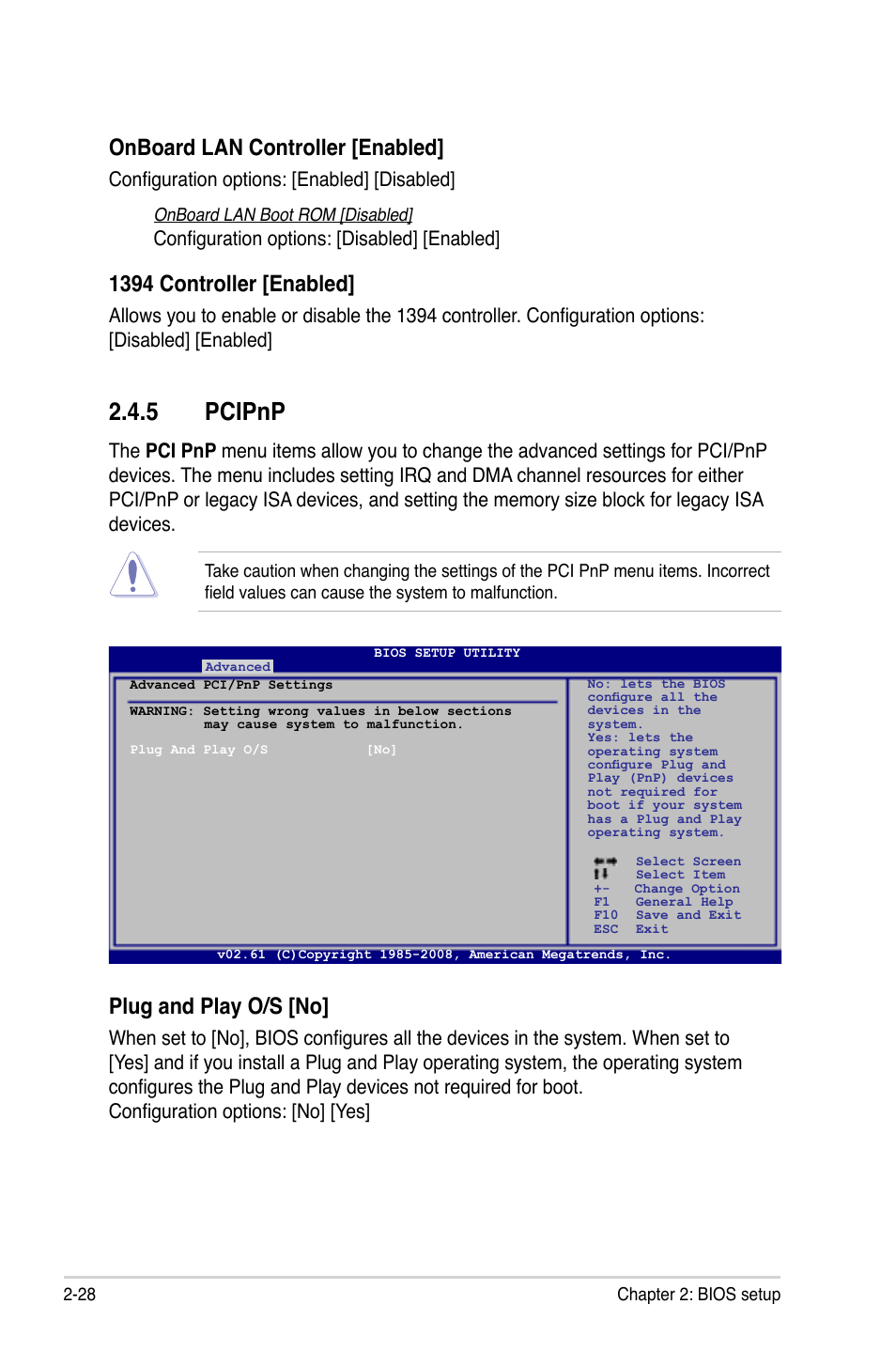 5 pcipnp, Pcipnp -28, Pcipnp | Onboard.lan.controller.[enabled, 1394.controller.[enabled, Plug.and.play.o/s.[no, Configuration options: [enabled] [disabled, Configuration options: [disabled] [enabled | Asus M3A78-EM User Manual | Page 80 / 108