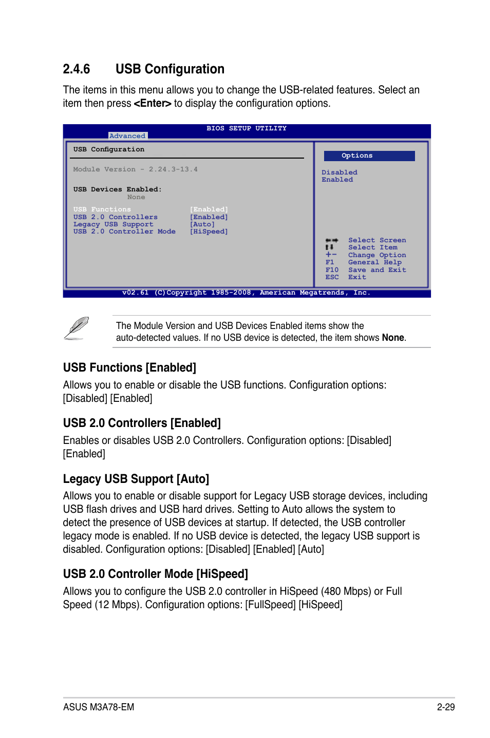 6 usb configuration, Usb configuration -29, Usb.functions.[enabled | Usb.2.0.controllers.[enabled, Usb.2.0.controller.mode.[hispeed | Asus M3A78-EM User Manual | Page 81 / 108