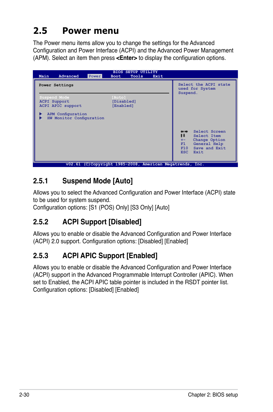 5 power menu, 1 suspend mode, 2 acpi support | 3 acpi apic support, Power.menu -30 2.5.1, Suspend mode -30, Acpi support -30, Acpi apic support -30, Suspend.mode.[auto, Acpi.support.[disabled | Asus M3A78-EM User Manual | Page 82 / 108