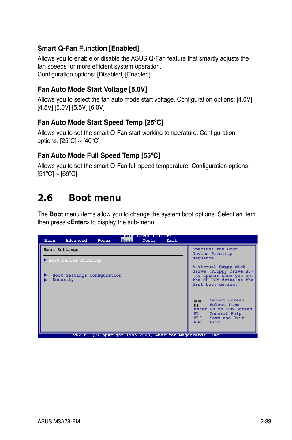 6 boot menu, Boot.menu -33, Smart q-fan function [enabled | Fan.auto.mode.start.voltage.[5.0v, Fan.auto.mode.start.speed.temp.[25ºc, Fan.auto.mode.full.speed.temp.[55ºc | Asus M3A78-EM User Manual | Page 85 / 108