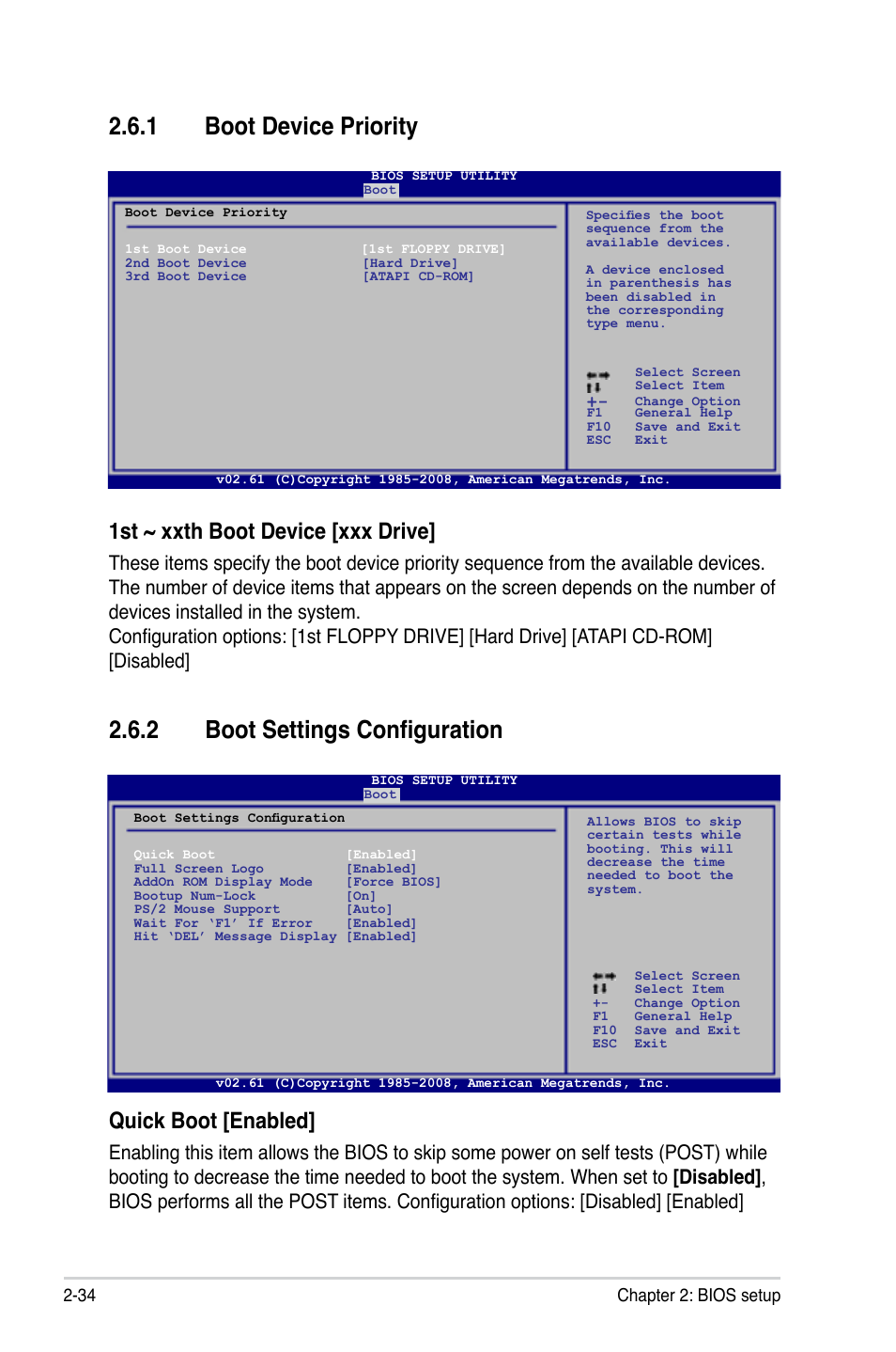 1 boot device priority, 2 boot settings configuration, Boot device priority -34 | Boot settings configuration -34, Boot.device.priority, 1st.~.xxth.boot.device.[xxx.drive, Quick boot [enabled | Asus M3A78-EM User Manual | Page 86 / 108