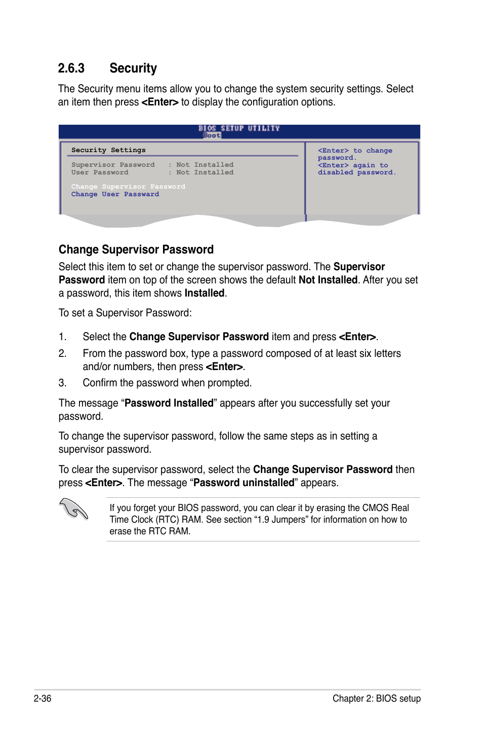 3 security, Security -36, Security | Change.supervisor.password | Asus M3A78-EM User Manual | Page 88 / 108