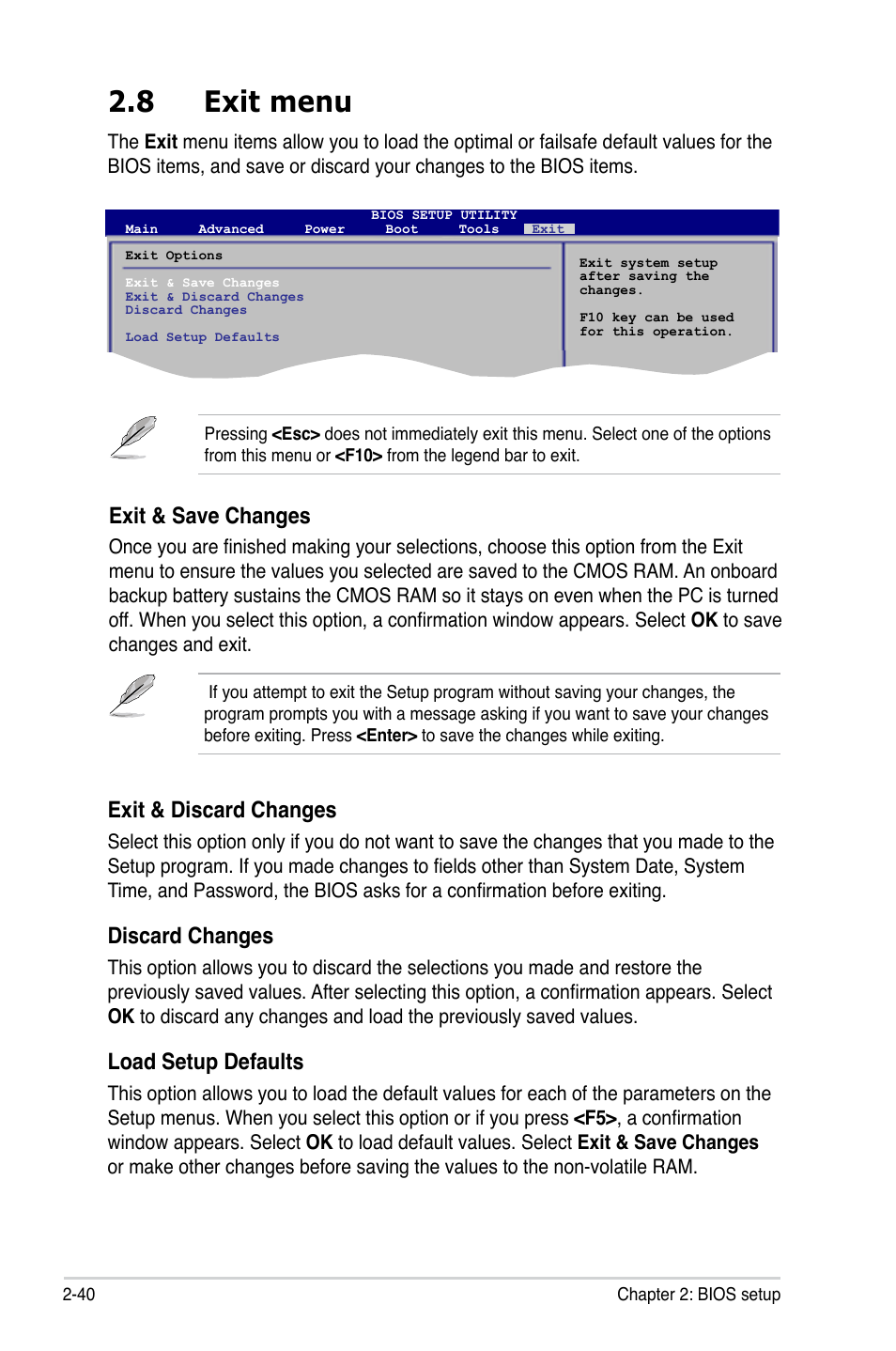 8 exit menu, Exit.menu -40, Exit.&.discard.changes | Discard.changes, Load.setup.defaults, Exit.&.save.changes | Asus M3A78-EM User Manual | Page 92 / 108