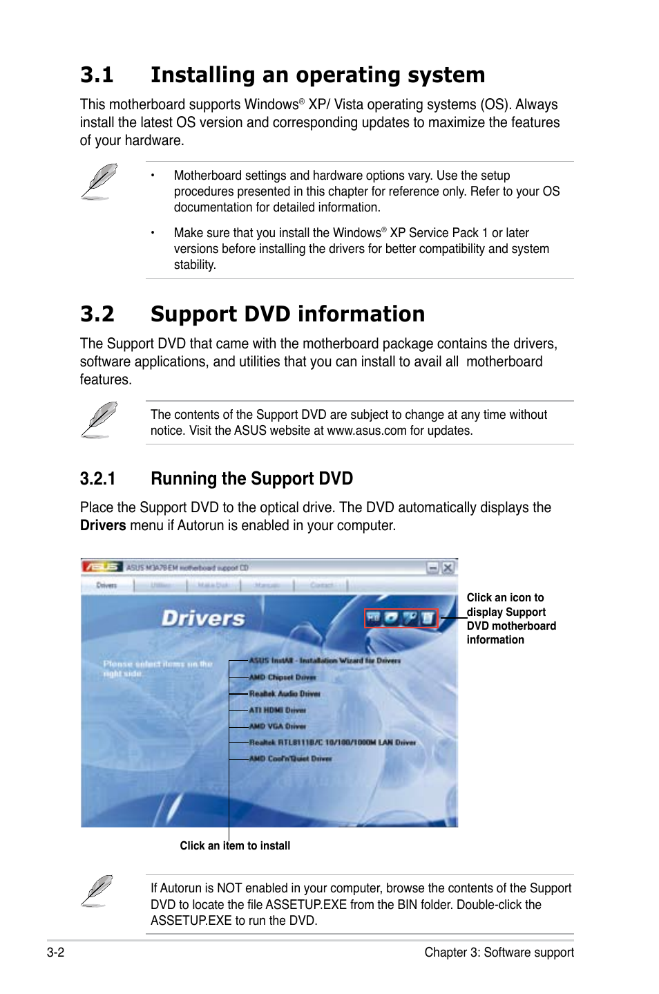 1 installing an operating system, 2 support dvd information, 1 running the support dvd | Installing.an.operating.system -2, Support.dvd.information -2 3.2.1, Running the support dvd -2, Running.the.support.dvd | Asus M3A78-EM User Manual | Page 94 / 108