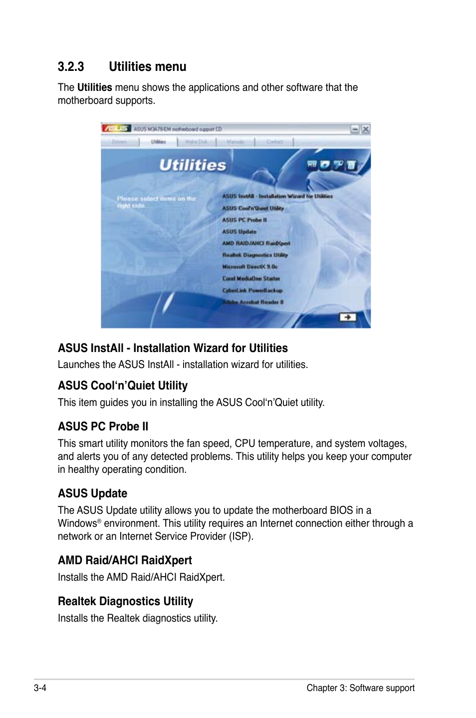 3 utilities menu, Utilities menu -4, Utilities.menu | Asus M3A78-EM User Manual | Page 96 / 108