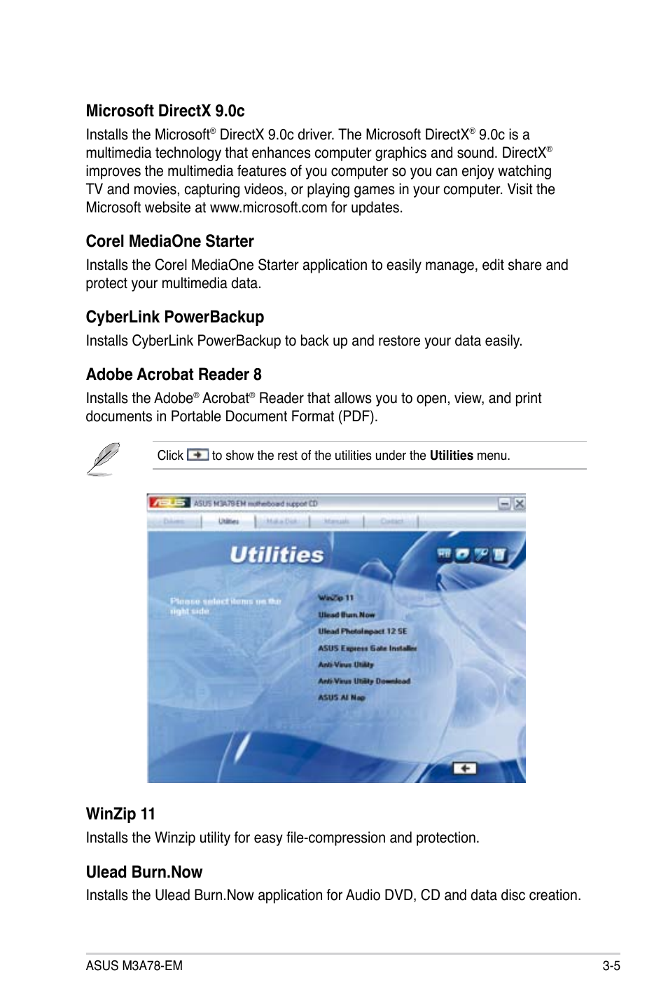 Microsoft.directx.9.0c, Corel.mediaone.starter, Cyberlink.powerbackup | Adobe.acrobat.reader.8, Winzip.11, Ulead.burn.now | Asus M3A78-EM User Manual | Page 97 / 108