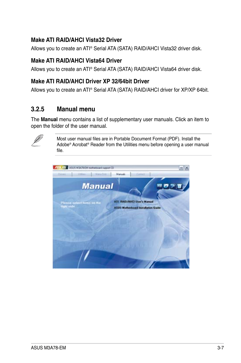 5 manual menu, Manual menu -7, Manual.menu | Make.ati.raid/ahci.vista32.driver, Make.ati.raid/ahci.vista64.driver, Make.ati.raid/ahci.driver.xp.32/64bit.driver | Asus M3A78-EM User Manual | Page 99 / 108