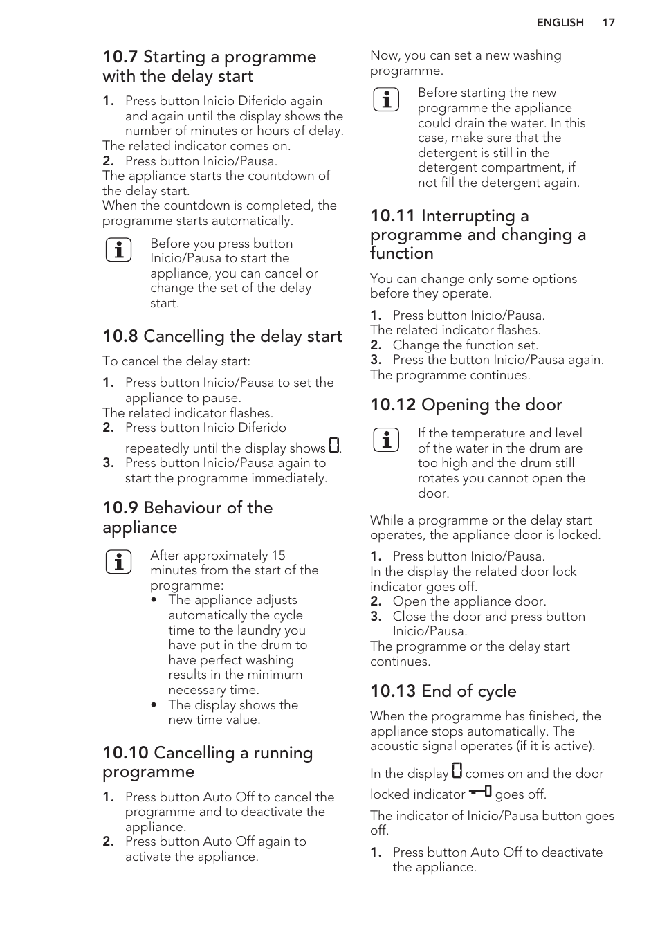 7 starting a programme with the delay start, 8 cancelling the delay start, 9 behaviour of the appliance | 10 cancelling a running programme, 12 opening the door, 13 end of cycle | AEG L76480FL User Manual | Page 17 / 56