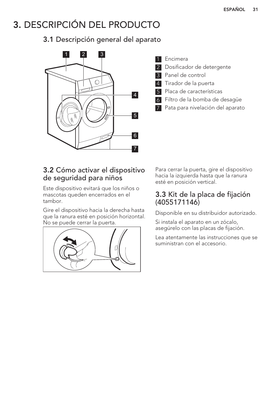 Descripción del producto, 1 descripción general del aparato, 3 kit de la placa de fijación (4055171146) | AEG L76480FL User Manual | Page 31 / 56