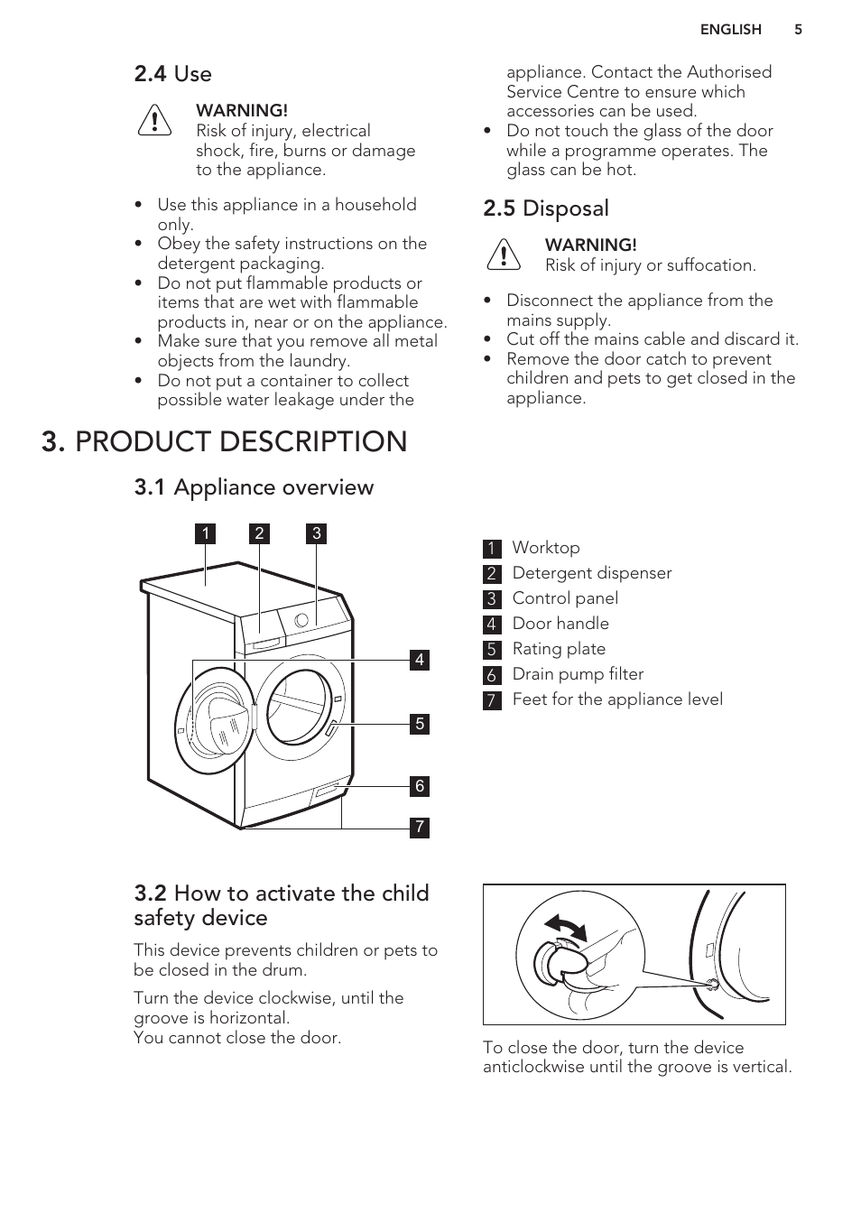4 use, 5 disposal, Product description | 1 appliance overview, 2 how to activate the child safety device | AEG L76480FL User Manual | Page 5 / 56