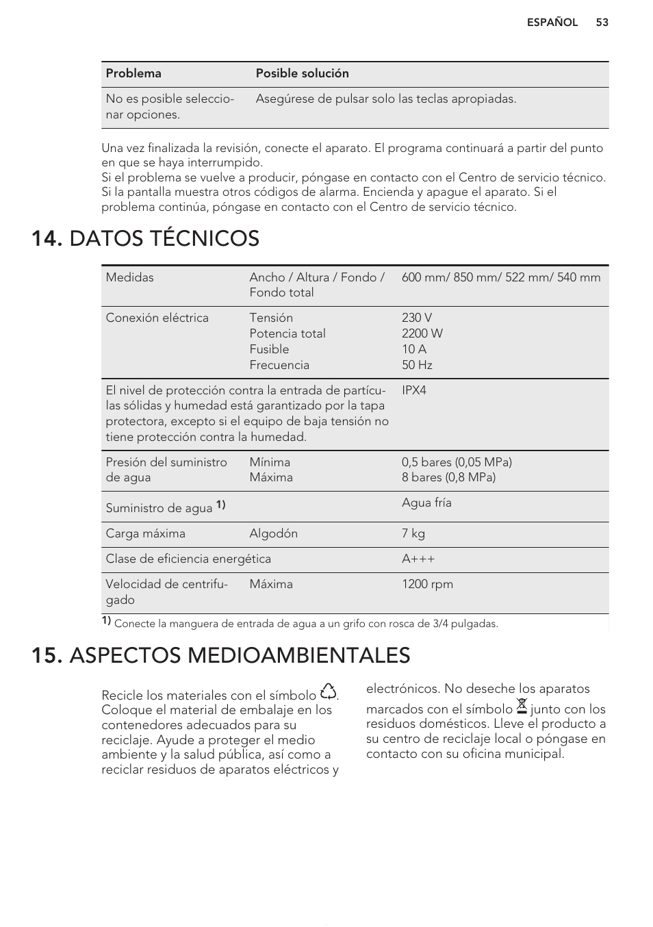 Datos técnicos, Aspectos medioambientales | AEG L76480FL User Manual | Page 53 / 56