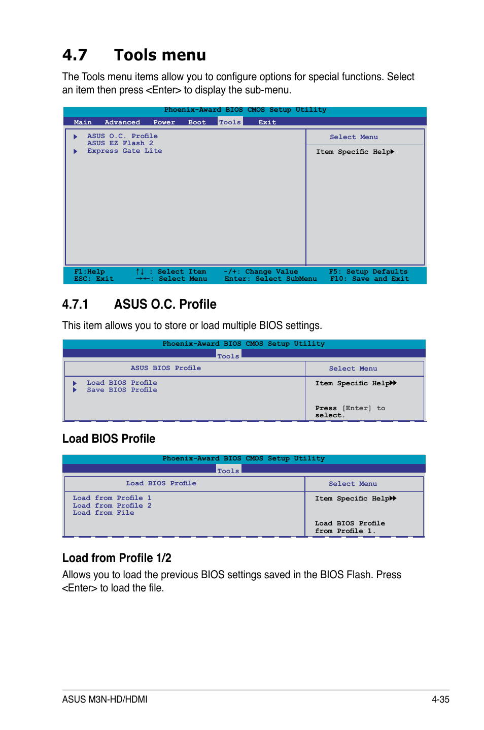 7 tools menu, 1 asus o.c. profile, Tools menu -35 4.7.1 | Asus o.c. profile -35, Load bios profile load from profile 1/2 | Asus M3N-HD User Manual | Page 103 / 164