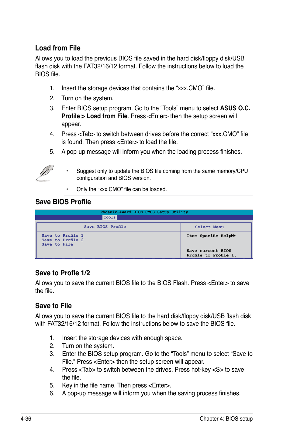 Load from file, Save bios profile save to profle 1/2, Save to file | Asus M3N-HD User Manual | Page 104 / 164