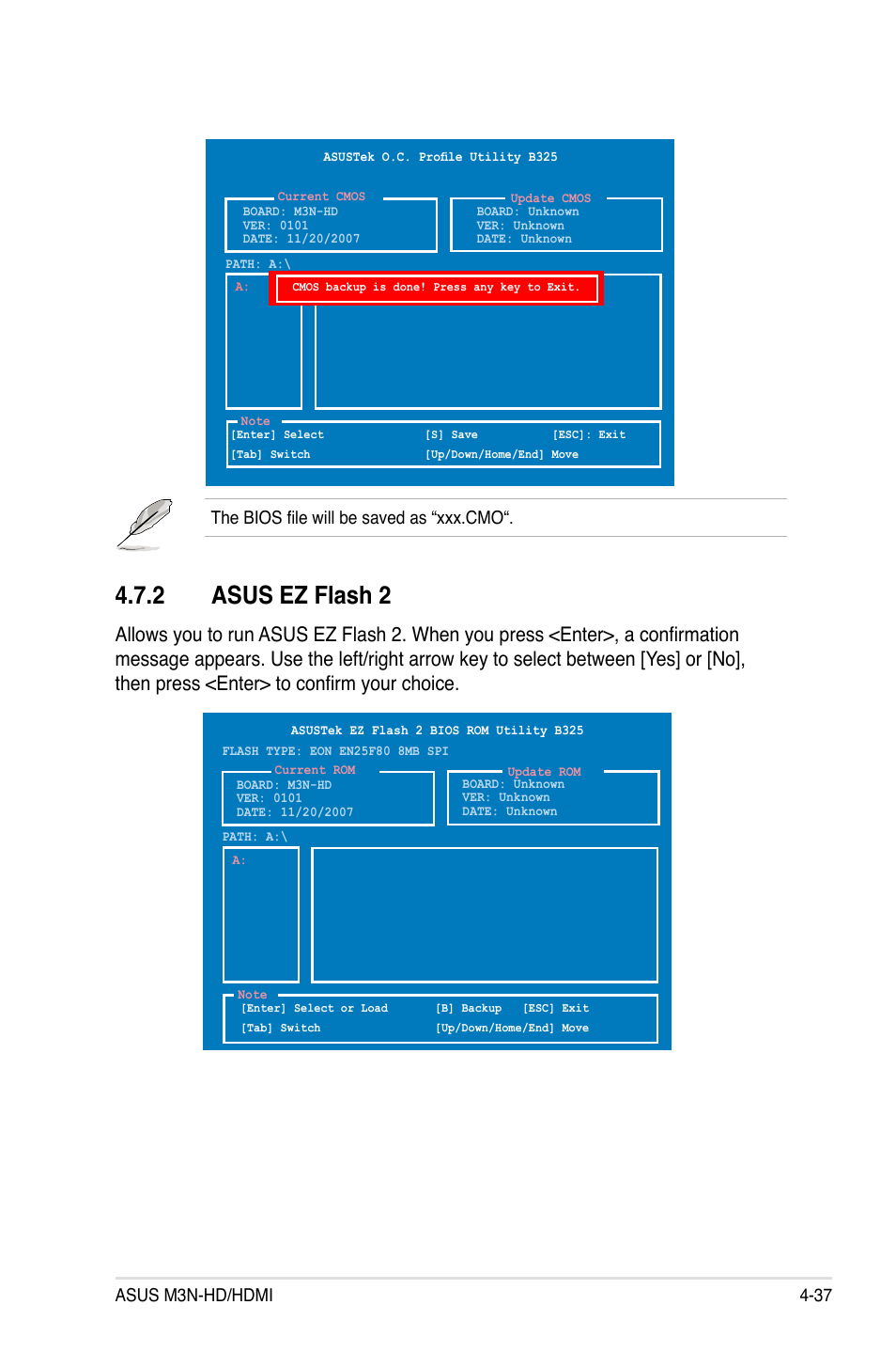 2 asus ez flash 2, Asus ez flash 2 -37, Asus m3n-hd/hdmi 4-37 | The bios file will be saved as “xxx.cmo | Asus M3N-HD User Manual | Page 105 / 164