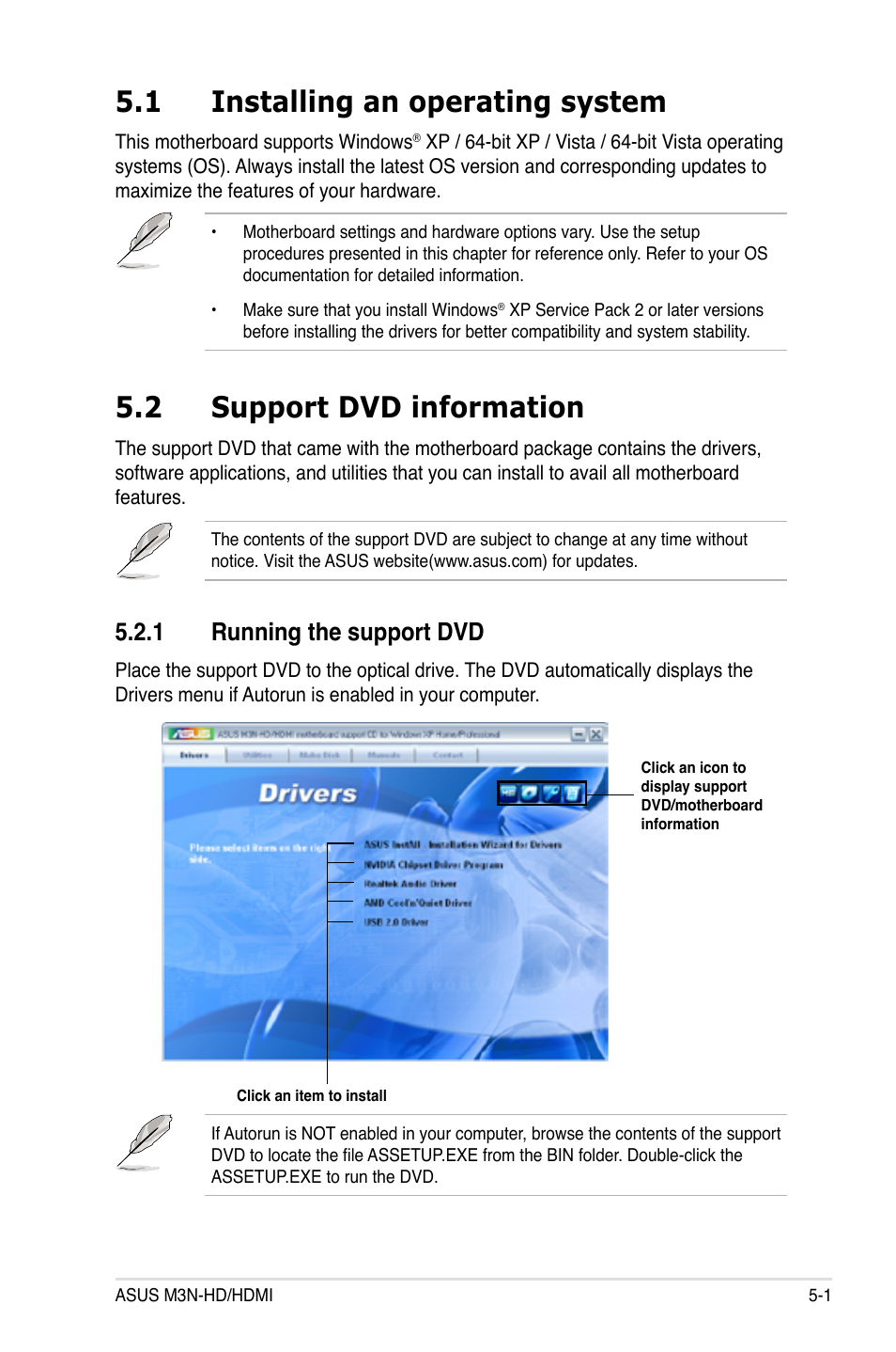 1 installing an operating system, 2 support dvd information, 1 running the support dvd | Installing an operating system -1, Support dvd information -1 5.2.1, Running the support dvd -1 | Asus M3N-HD User Manual | Page 111 / 164