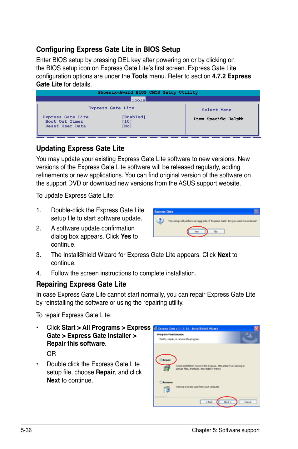 Configuring express gate lite in bios setup, Updating express gate lite, Repairing express gate lite | Asus M3N-HD User Manual | Page 146 / 164