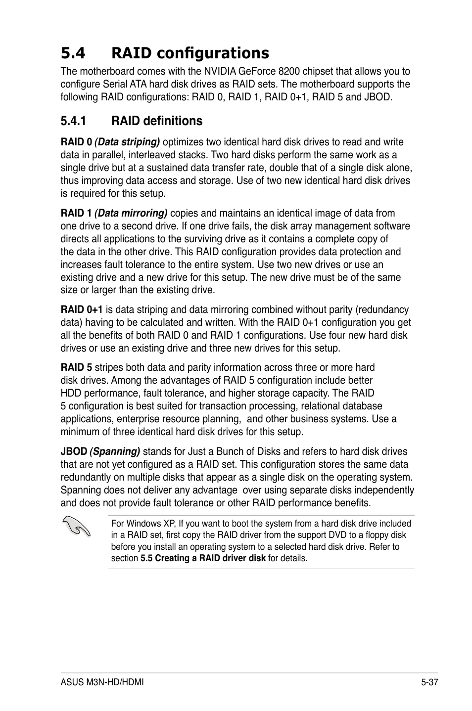 4 raid configurations, 1 raid definitions, Raid configurations -37 5.4.1 | Raid definitions -37 | Asus M3N-HD User Manual | Page 147 / 164