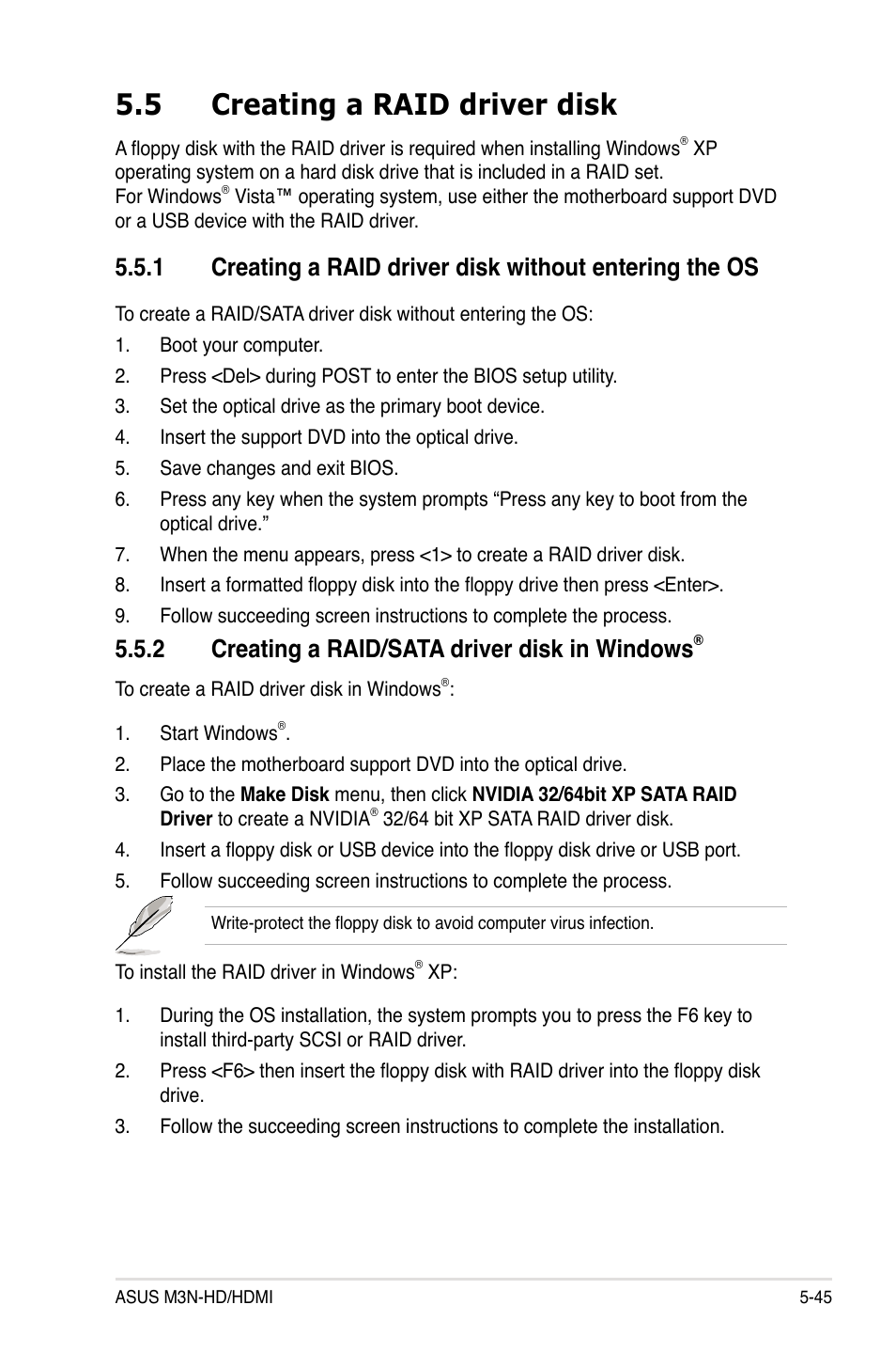 5 creating a raid driver disk, 2 creating a raid/sata driver disk in windows, Creating a raid driver disk -45 5.5.1 | Creating a raid/sata driver disk in windows | Asus M3N-HD User Manual | Page 155 / 164