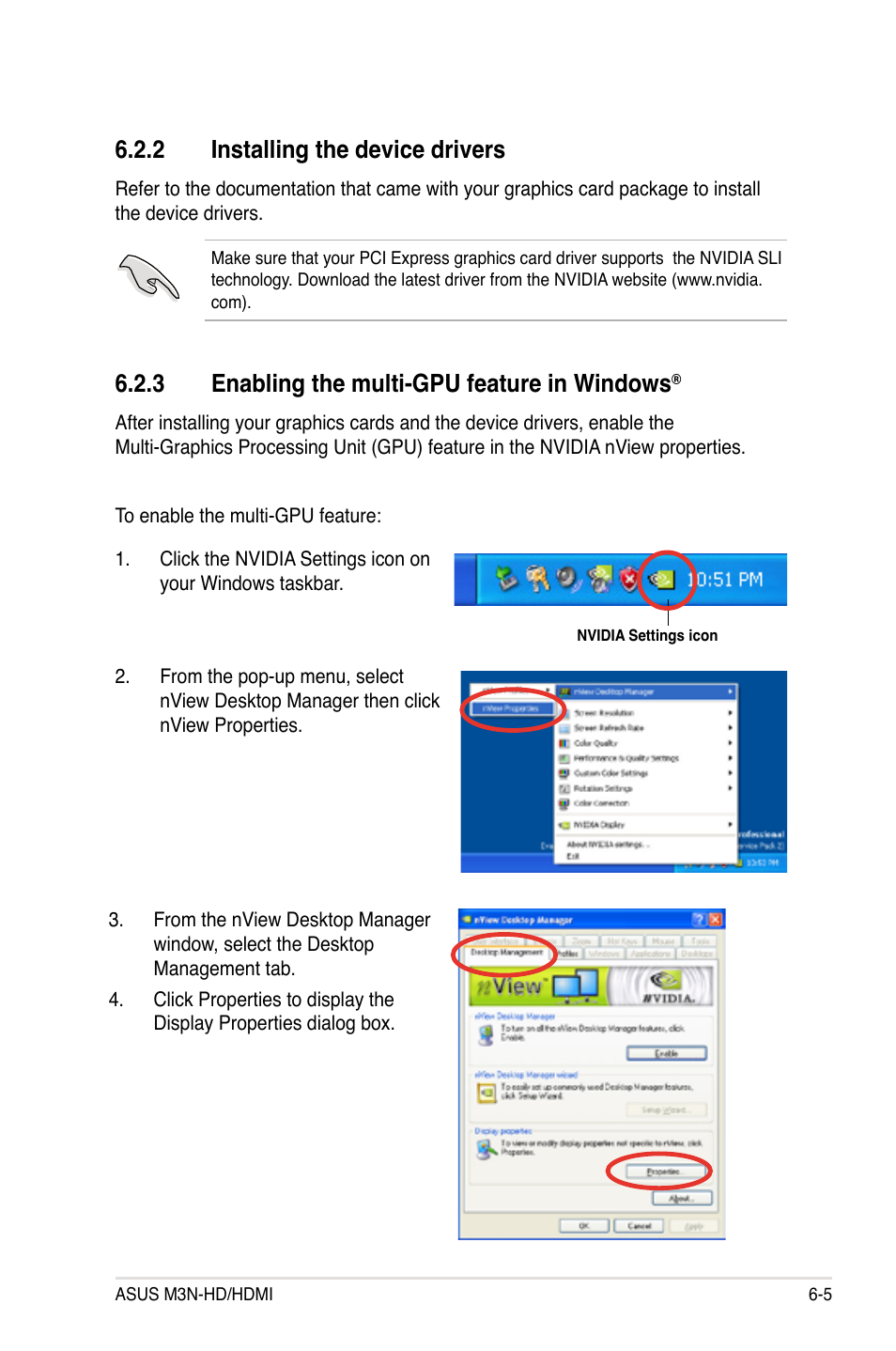 2 installing the device drivers, 3 enabling the multi-gpu feature in windows, Installing the device drivers -5 | Enabling the multi-gpu feature in windows | Asus M3N-HD User Manual | Page 163 / 164