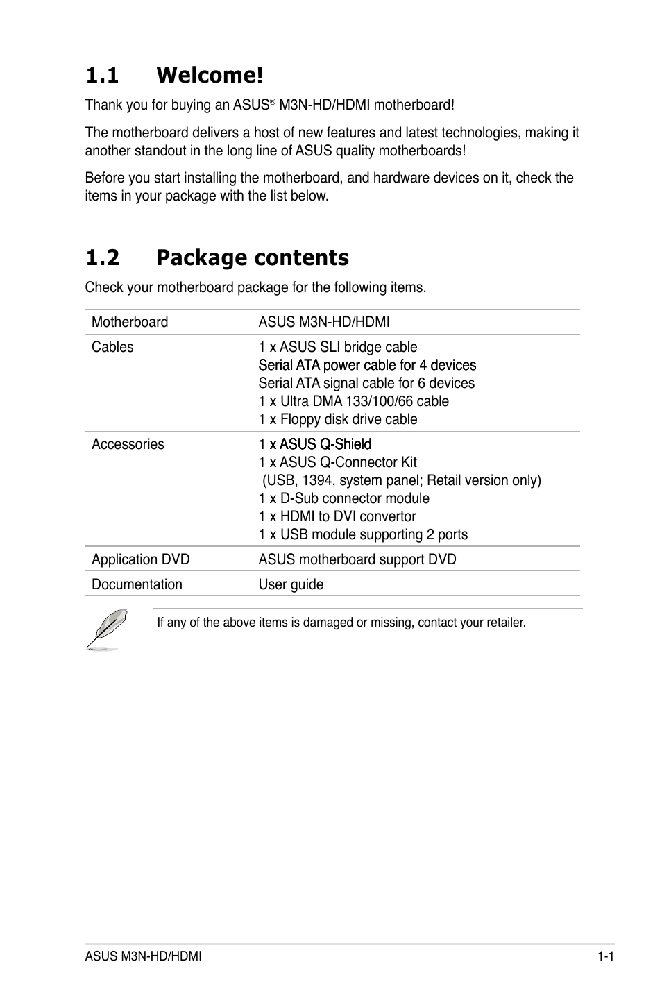 1 welcome, 2 package contents, Welcome! -1 | Package contents -1 | Asus M3N-HD User Manual | Page 17 / 164