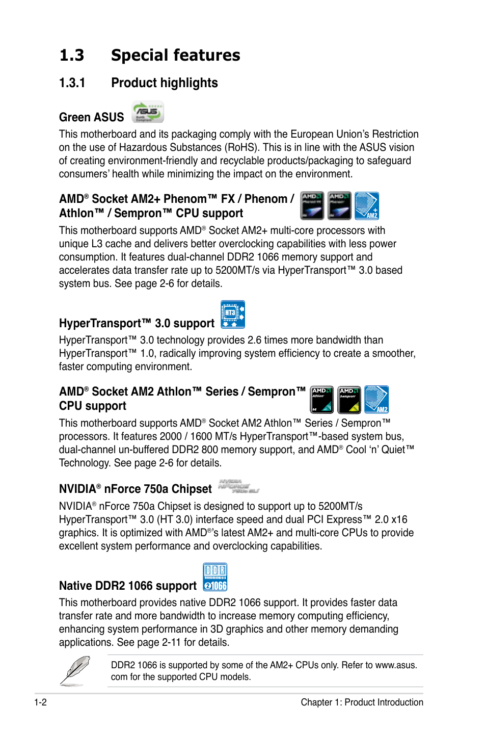 3 special features, 1 product highlights, Special features -2 1.3.1 | Product highlights -2 | Asus M3N-HD User Manual | Page 18 / 164