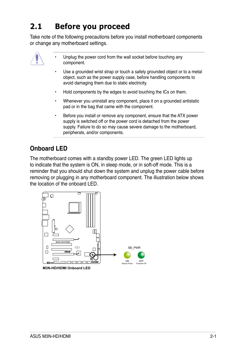 1 before you proceed, Onboard led, Before you proceed -1 onboard led -1 | Asus M3N-HD User Manual | Page 27 / 164