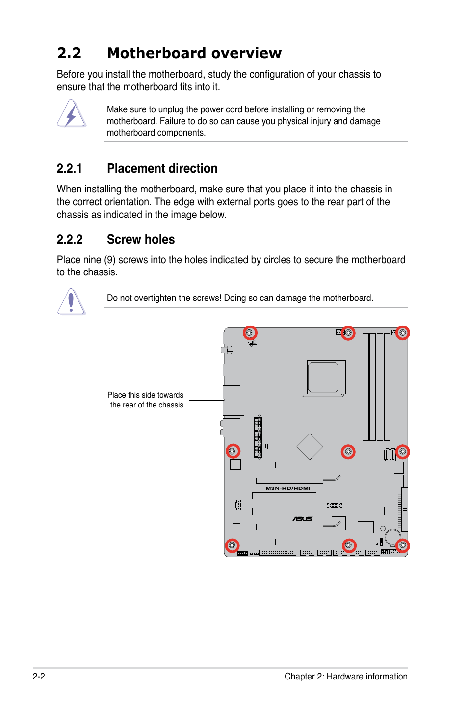 2 motherboard overview, 1 placement direction, 2 screw holes | Motherboard overview -2 2.2.1, Placement direction -2, Screw holes -2 | Asus M3N-HD User Manual | Page 28 / 164