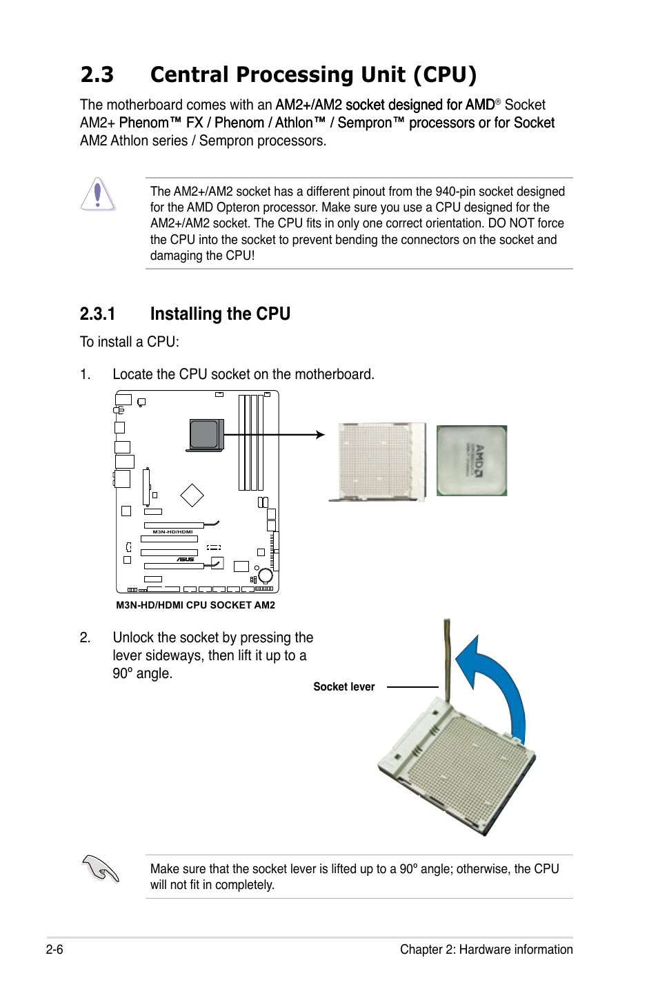 3 central processing unit (cpu), 1 installing the cpu, Central processing unit (cpu) -6 2.3.1 | Installing the cpu -6 | Asus M3N-HD User Manual | Page 32 / 164