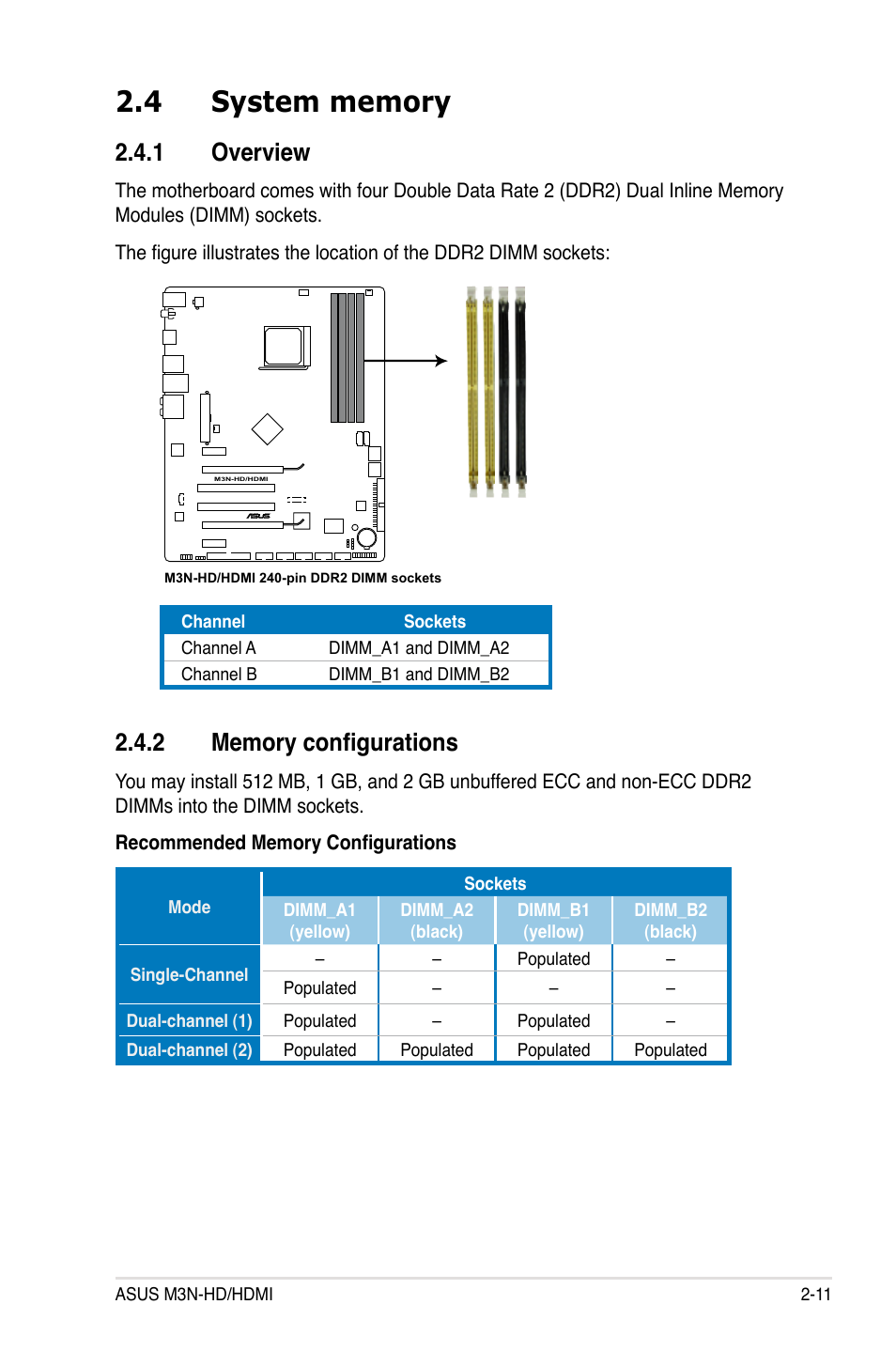 4 system memory, 1 overview, 2 memory configurations | System memory -11 2.4.1, Overview -11, Memory configurations -11 | Asus M3N-HD User Manual | Page 37 / 164