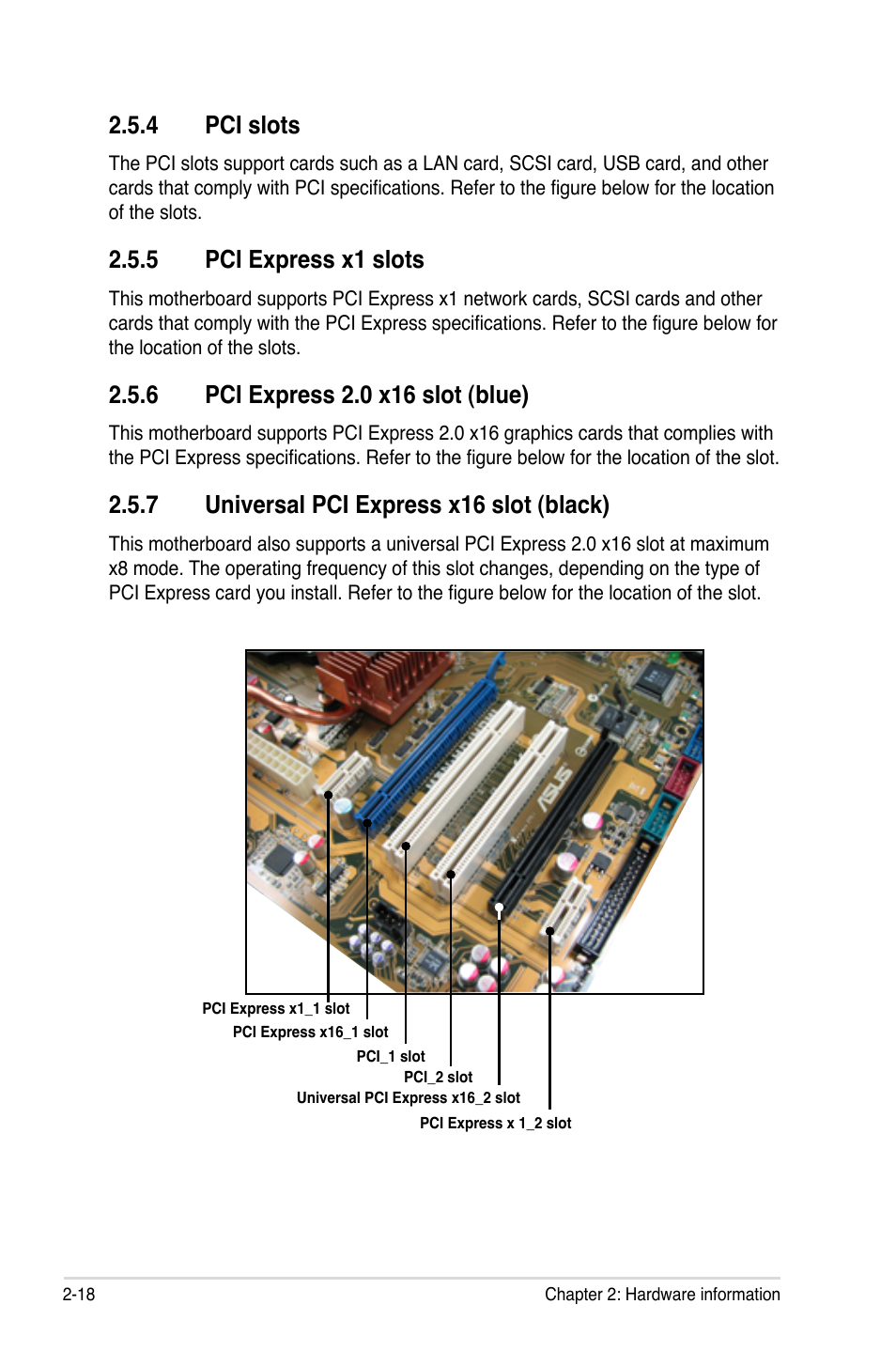 4 pci slots, 5 pci express x1 slots, 6 pci express 2.0 x16 slot (blue) | 7 universal pci express x16 slot (black), Pci slots -18, Pci express x1 slots -18, Pci express 2.0 x16 slot (blue) -18, Universal pci express x16 slot (black) -18 | Asus M3N-HD User Manual | Page 44 / 164