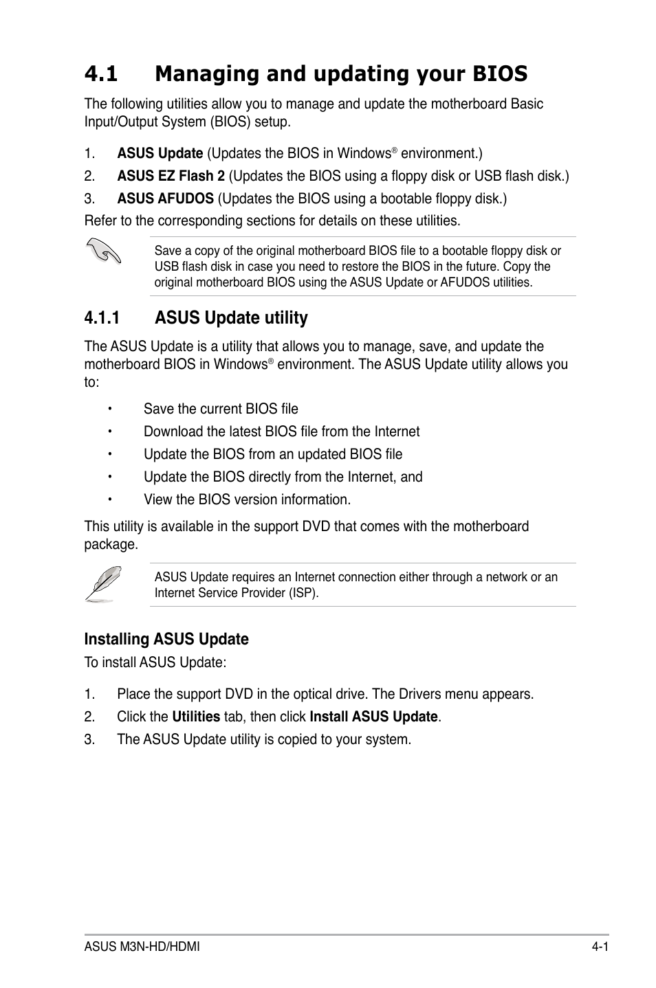 1 managing and updating your bios, 1 asus update utility, Managing and updating your bios -1 4.1.1 | Asus update utility -1 | Asus M3N-HD User Manual | Page 69 / 164