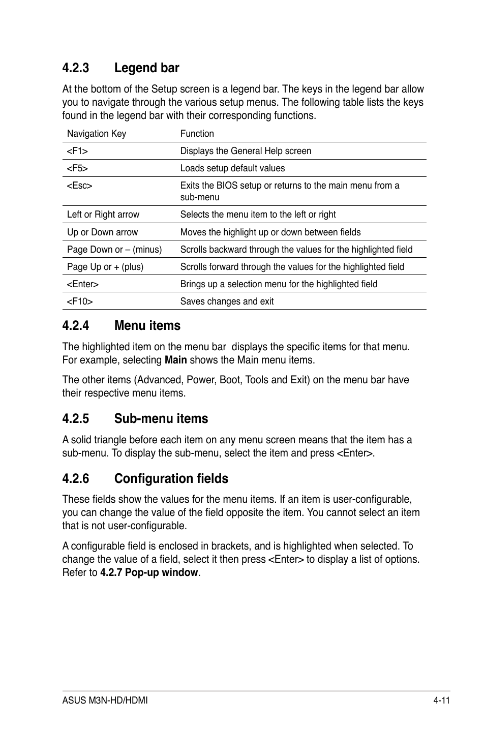 3 legend bar, 4 menu items, 5 sub-menu items | 6 configuration fields, Legend bar -11, Menu items -11, Sub-menu items -11, Configuration fields -11 | Asus M3N-HD User Manual | Page 79 / 164