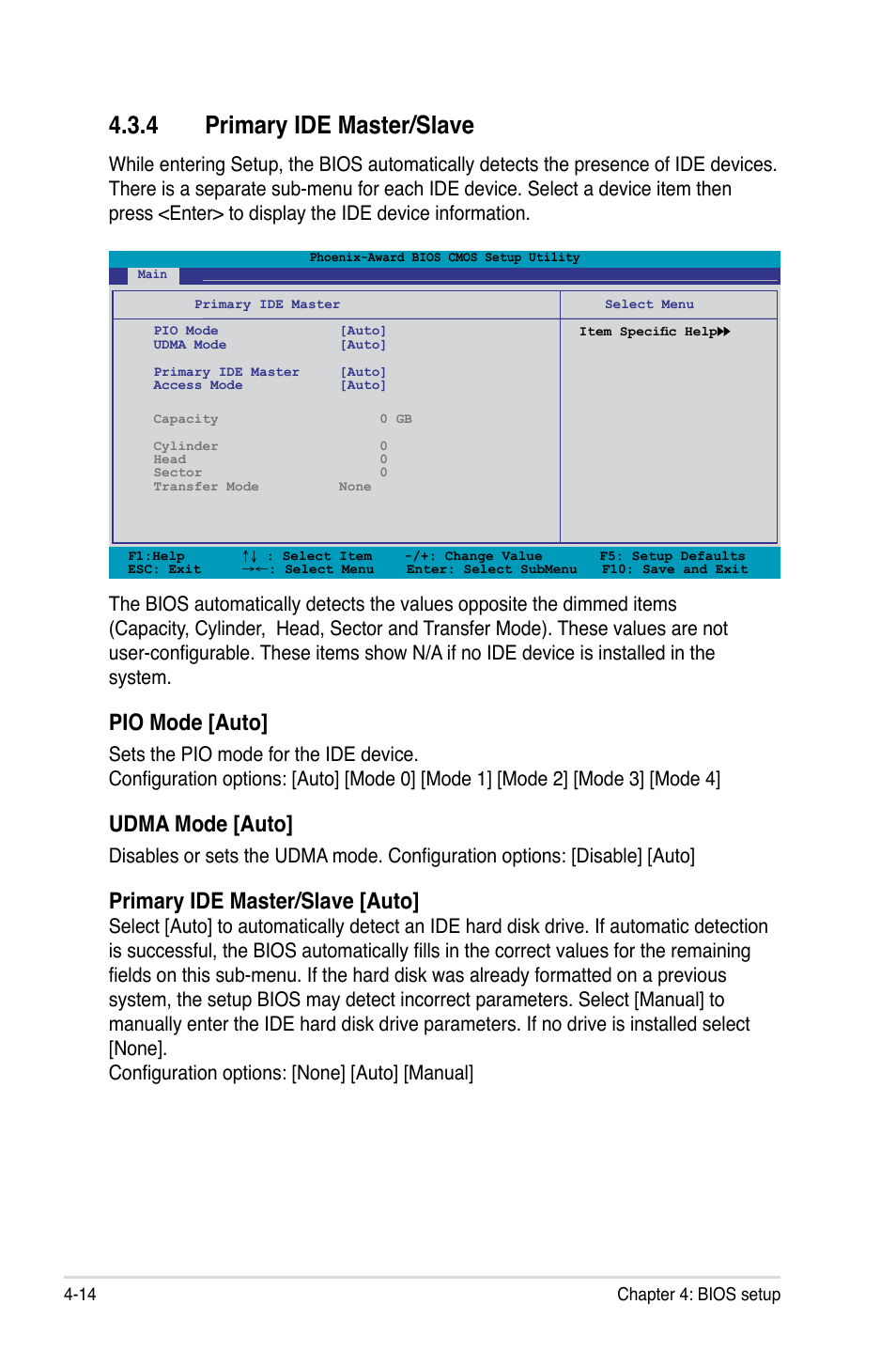 4 primary ide master/slave, Primary ide master/slave -14, Pio mode [auto | Udma mode [auto, Primary ide master/slave [auto | Asus M3N-HD User Manual | Page 82 / 164