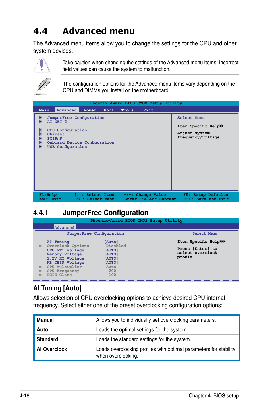 4 advanced menu, 1 jumperfree configuration, Advanced menu -18 4.4.1 | Jumperfree configuration -18, Ai tuning [auto | Asus M3N-HD User Manual | Page 86 / 164