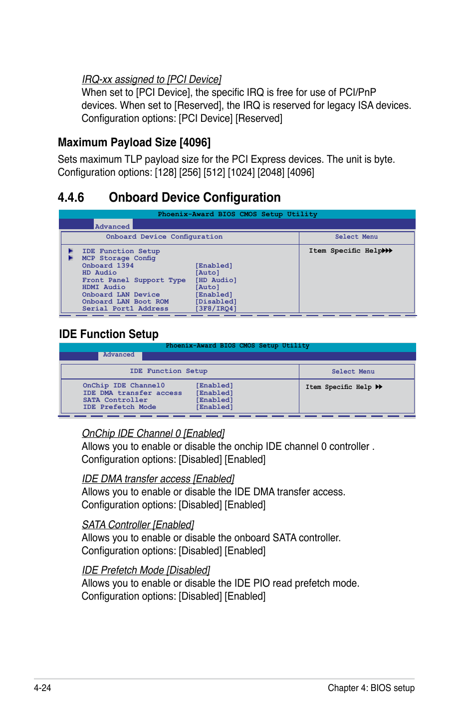 6 onboard device configuration, Onboard device configuration -24, Maximum payload size [4096 | Ide function setup | Asus M3N-HD User Manual | Page 92 / 164