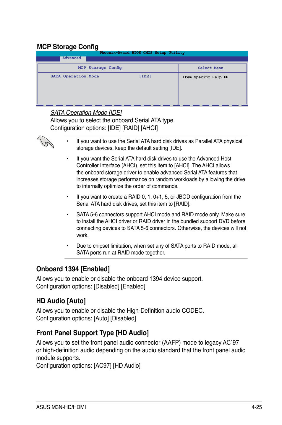 Mcp storage config, Onboard 1394 [enabled, Hd audio [auto | Front panel support type [hd audio | Asus M3N-HD User Manual | Page 93 / 164